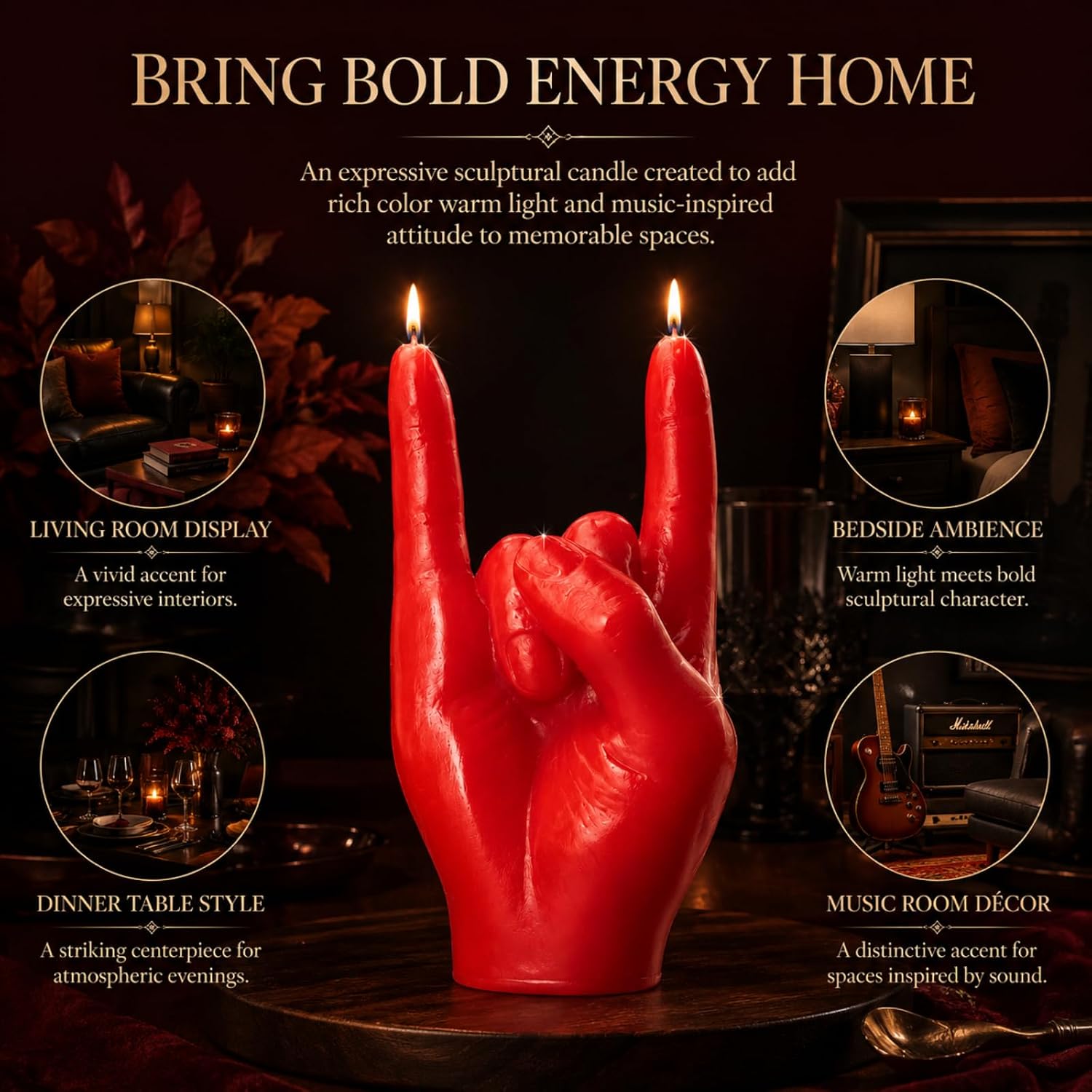 Gute Rock & Roll Hand Candle, Sign of The Horns Hand Gesture Candle, Gift for Music Lovers, Rockers, Bikers, Rock Lovers! - 15x10cm (Red) image 2
