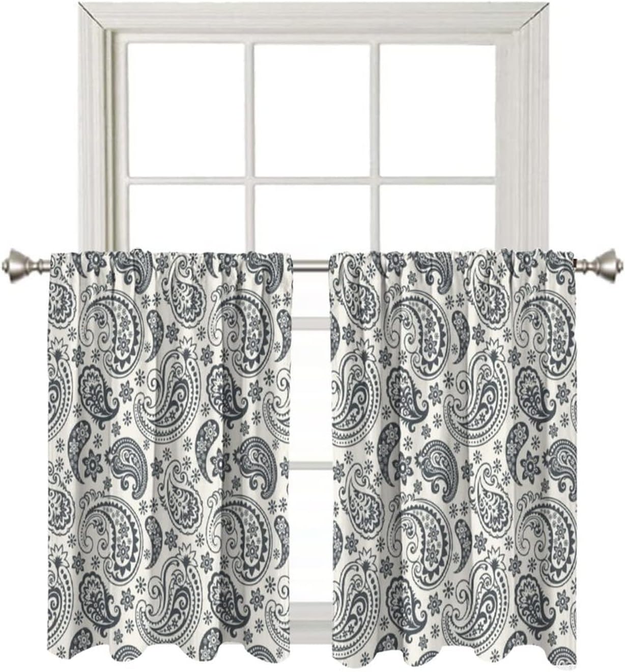 Paisley Short Curtains, Blackout Curtain for Kitchen Bathroom Bedroom, Vintage Ornate Print Rod Pocket Fabric Window Drapes 2 Panel Set, 30" W x 36" L, Home Decoration