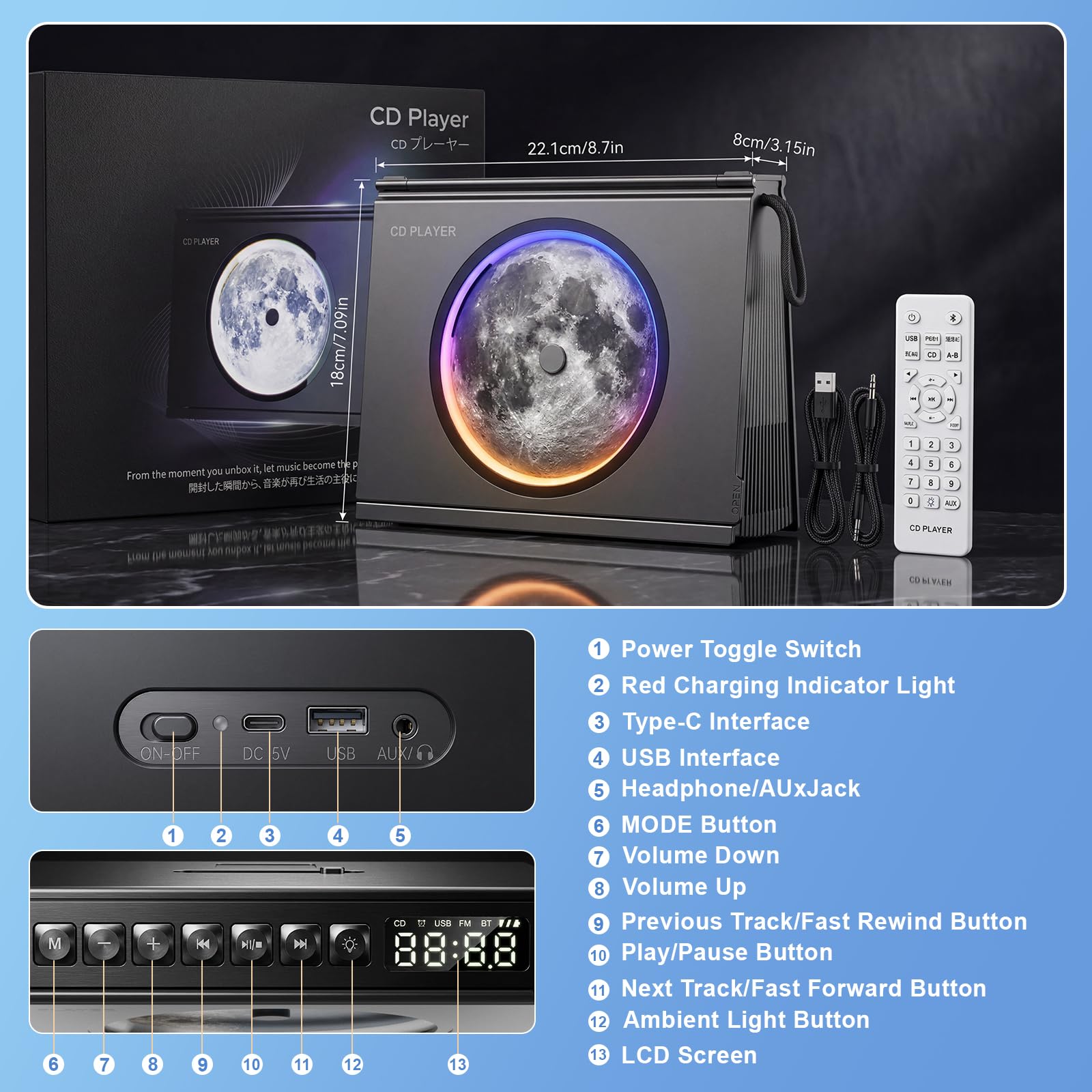 Gueray Lecteur CD Portable avec Lumière, Bluetooth 5.3 Enceinte HiFi Batterie 4000mAh Rechargeable Design Bibliothèque Indicateur de Niveau de Batterie Cadeau Original Homme Femme pour Décoration