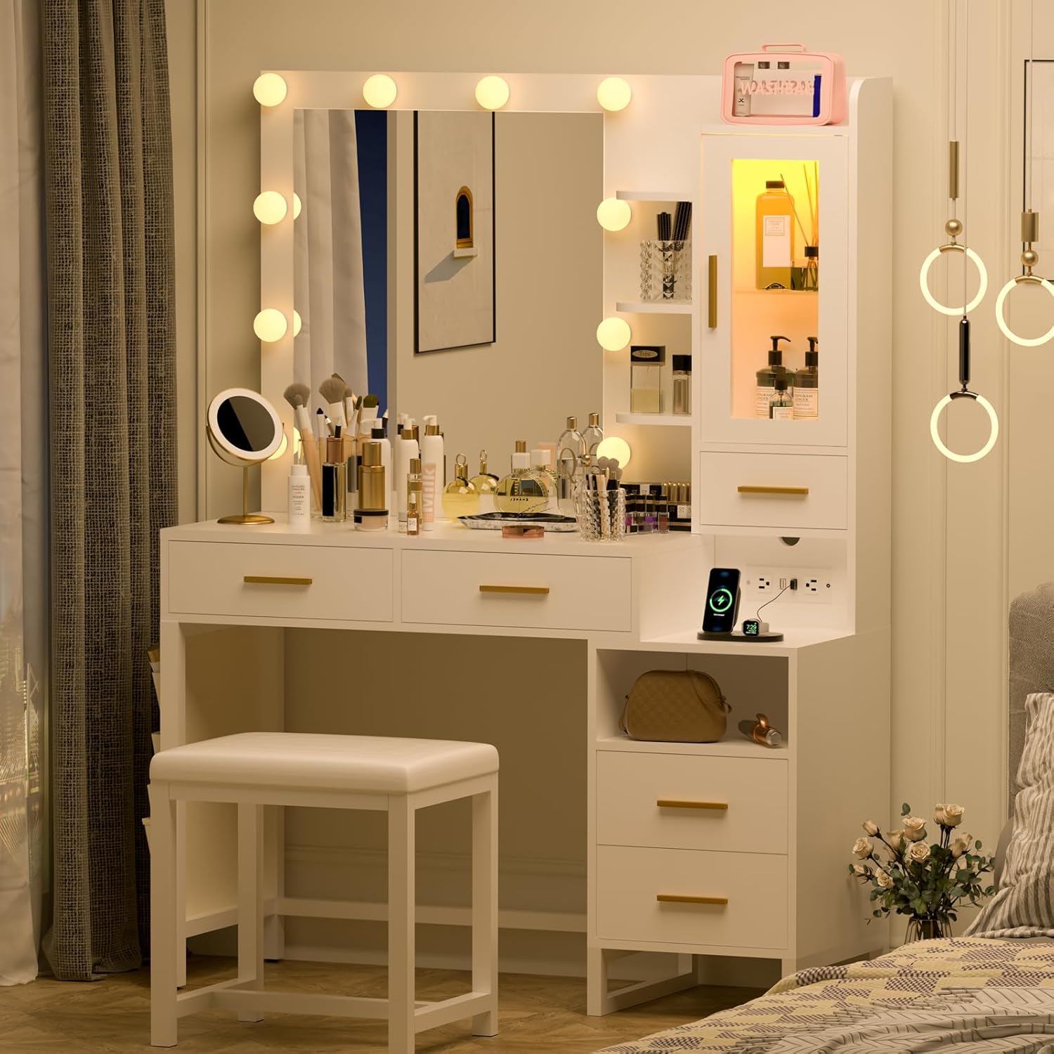 Dnxao Makeup Vanity Desk with Mirror and Lights, White