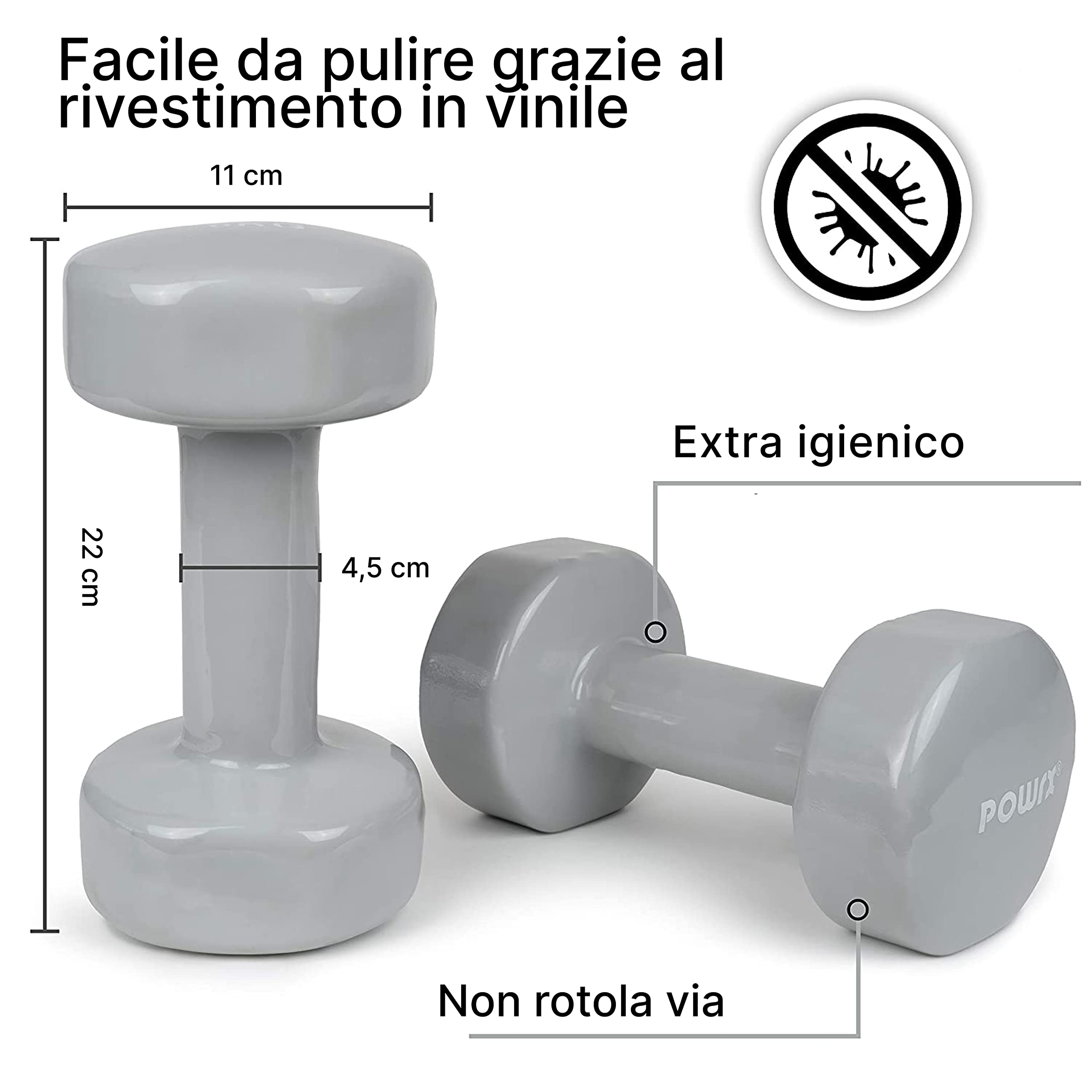 POWRX Manubri Pesi Vinile 0,5-10 kg - Dumbbells Ideali per Esercizi in casa e Palestra - Impugnatura Antiscivolo - Peso e Colore a Scelta + PDF Workout