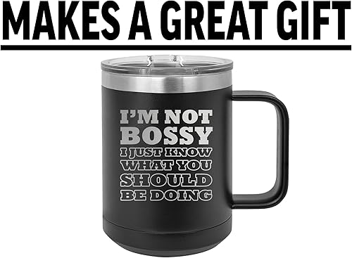 Miniatura 4 de Rogue River Tactical Divertida taza de café negra de acero inoxidable resistente con tapa, diseño de broma con texto en inglés "I M Not Bossy Joke",