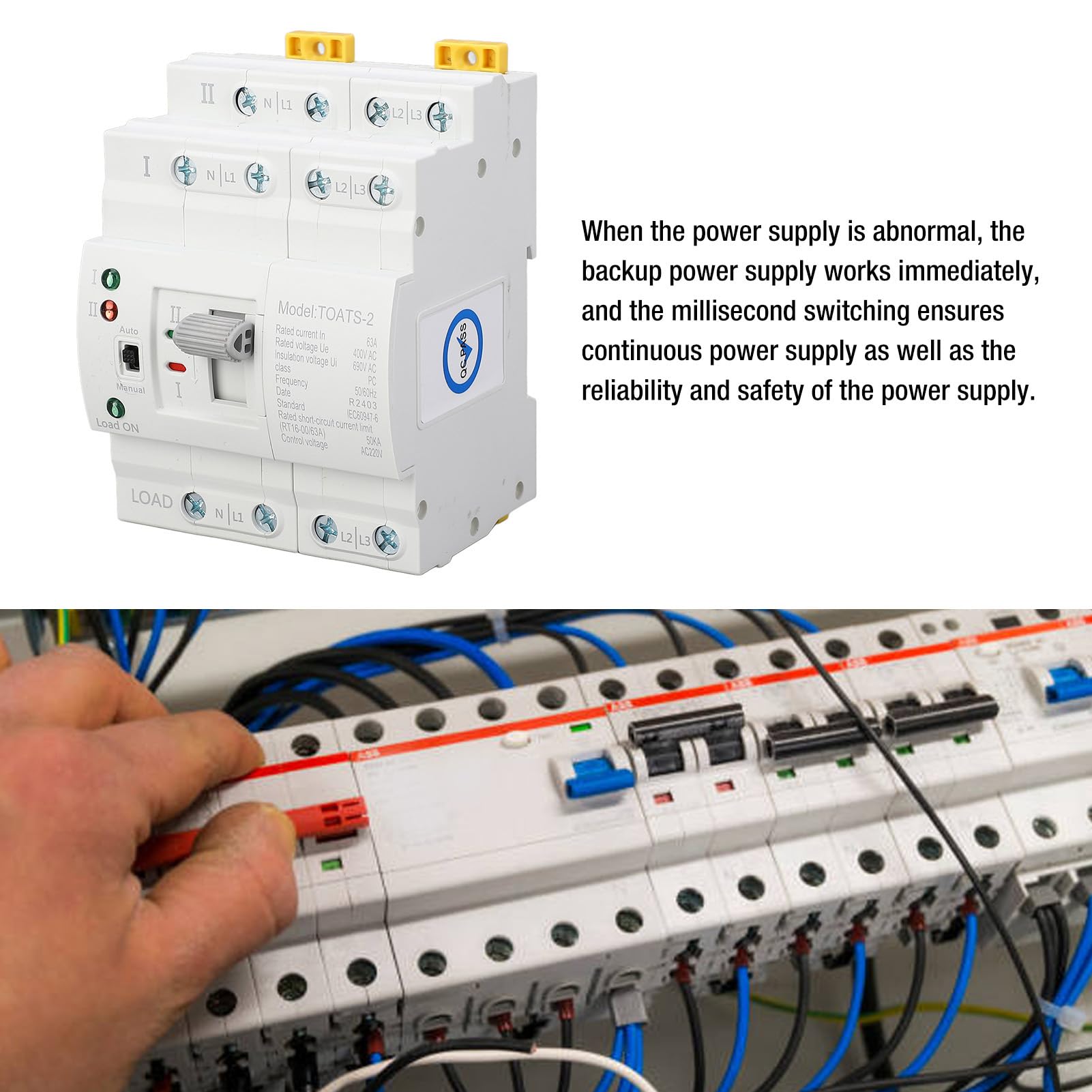 Dual Power Automatischer Transferschalter, 220V 4P 63A Notstrom Netz Umschalter Lastumschalter Kommunaler Netzumschalter Millisekunden Wandlung Notfall Notstromaggregat für Kommunaler Strom, Generator