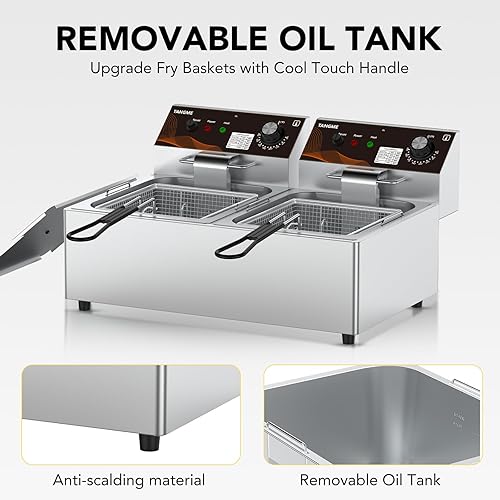 Miniatura 4 de Freidora Comercial Profunda con Cestas 20.7Qt Tanque Doble Freidora Eléctrica de Mostrador Mejorada Trabajo Pesado Acero Inoxidable Engrosado 1mm,
