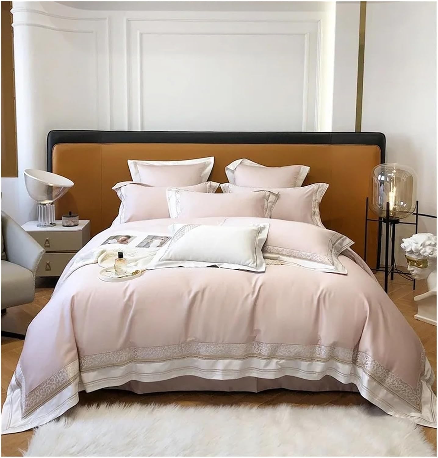 Egyptian Cotton Ultra Soft Duvet Cover Set 4Pcs Leopard Feather Baby Blue Delicate Embroidery Bedding Bed Sheet Pillowcases,Bed