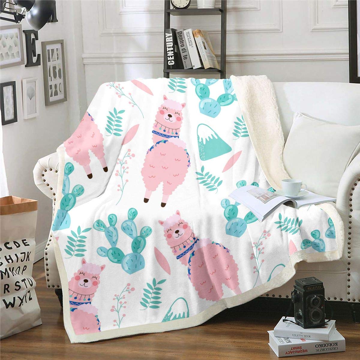 Loussiesd Cute Llama Sherpa Throw Blanket Cartoon Llama Alpaca Plush Blanket South American Animals Fleece Blanket for Sofa Bed Cactus Printed Fuzzy Blanket Soft Double 60"x79"