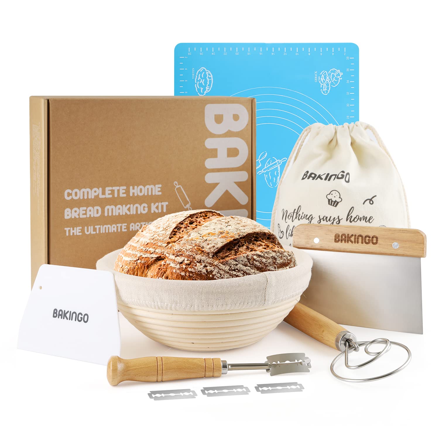 Ulab Beige Bread Basket Kit For Sourdough Starter Proofing By Bakingo, With 10 Inch Natural Rattan Bread Basket, Bread Lame, Bread Bag, Dough Scraper, Measuring Mat, And Danish Whisk For Banneton Proofing
