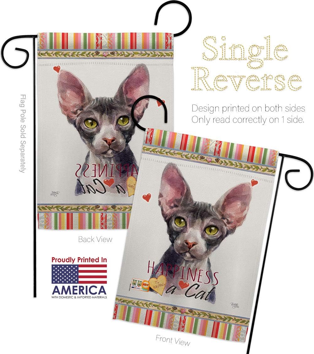 Sphynx Happiness Garden Flag Set Wall Holder Animals Cat Kitten Meow Spoiled Paw Fur Pet Nature Farm Animal Creature Small Decorative Gift Yard House Banner Made In USA 13 X 18.5