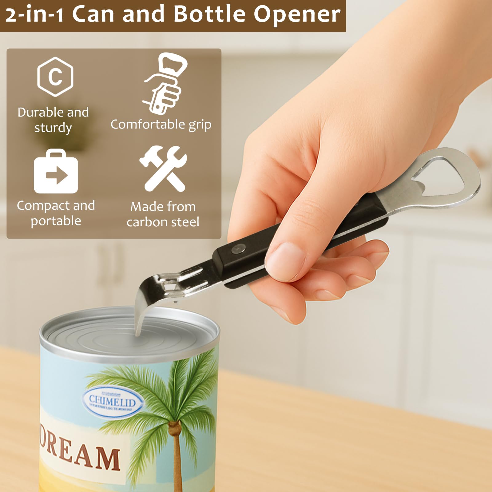2 apriscatole per lattine, apribottiglie, doppio uso, manuale, in acciaio inox, con manico in plastica, resistente, compatto, lavabile in lavastoviglie, ideale per campeggio, cucina e viaggi
