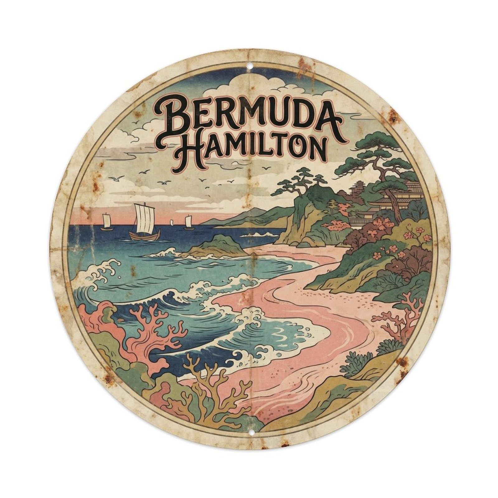 Olyhtr 8X8inch Classic Style Bermuda Hamilton Lagoon Travel Woodblock Metal Tin Sign