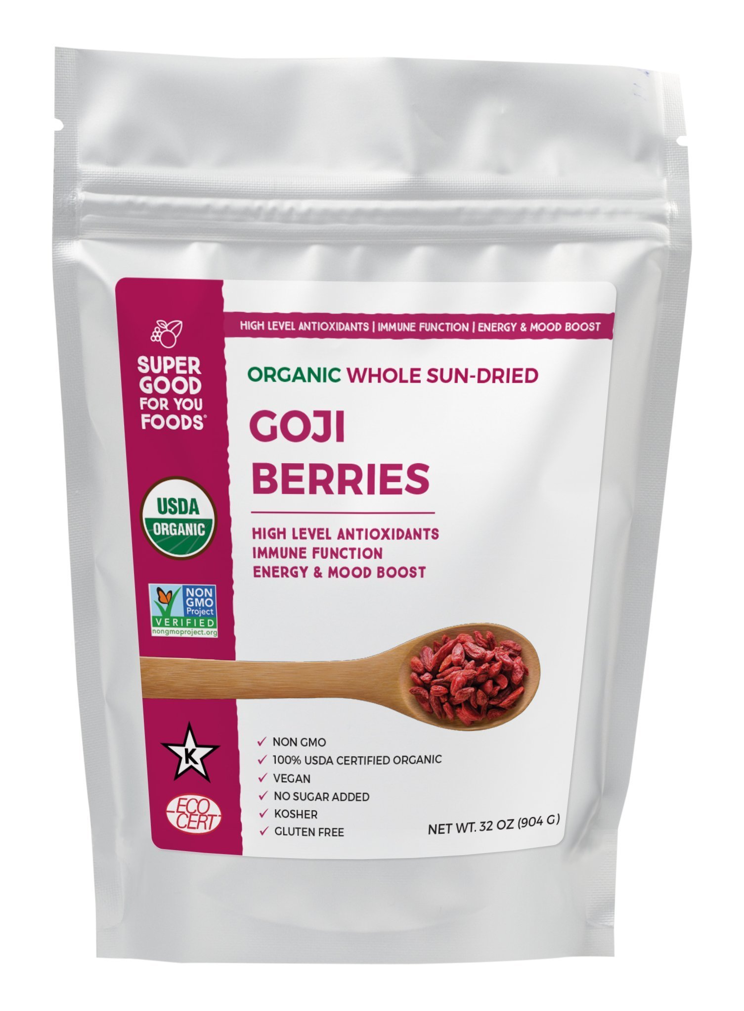 Super Good For You Foods Goji Berries, High Level Antioxidants, USDA Certified Organic, Gluten-Free, Non-GMO, Vegan, No Sugar Added, Kosher, 32 oz