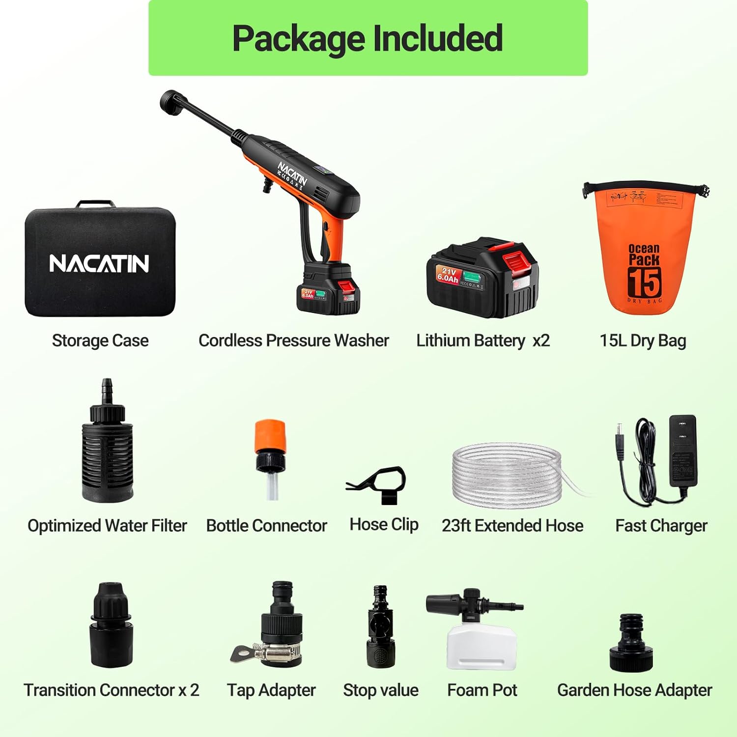 Cordless Washer, 3 Gear Brushless Washer for Car Washing, Patio, Fence, Driveway, Outdoor Cleaning， with 2 Batteries, 6 in 1 Nozzle, 6 Meter Hose, Tap Adapter