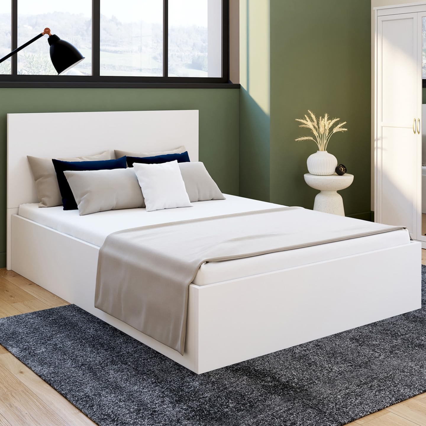 IDMarket - Lit Coffre Double Seaside avec tête de lit et sommier 140 x 190 cm Blanc