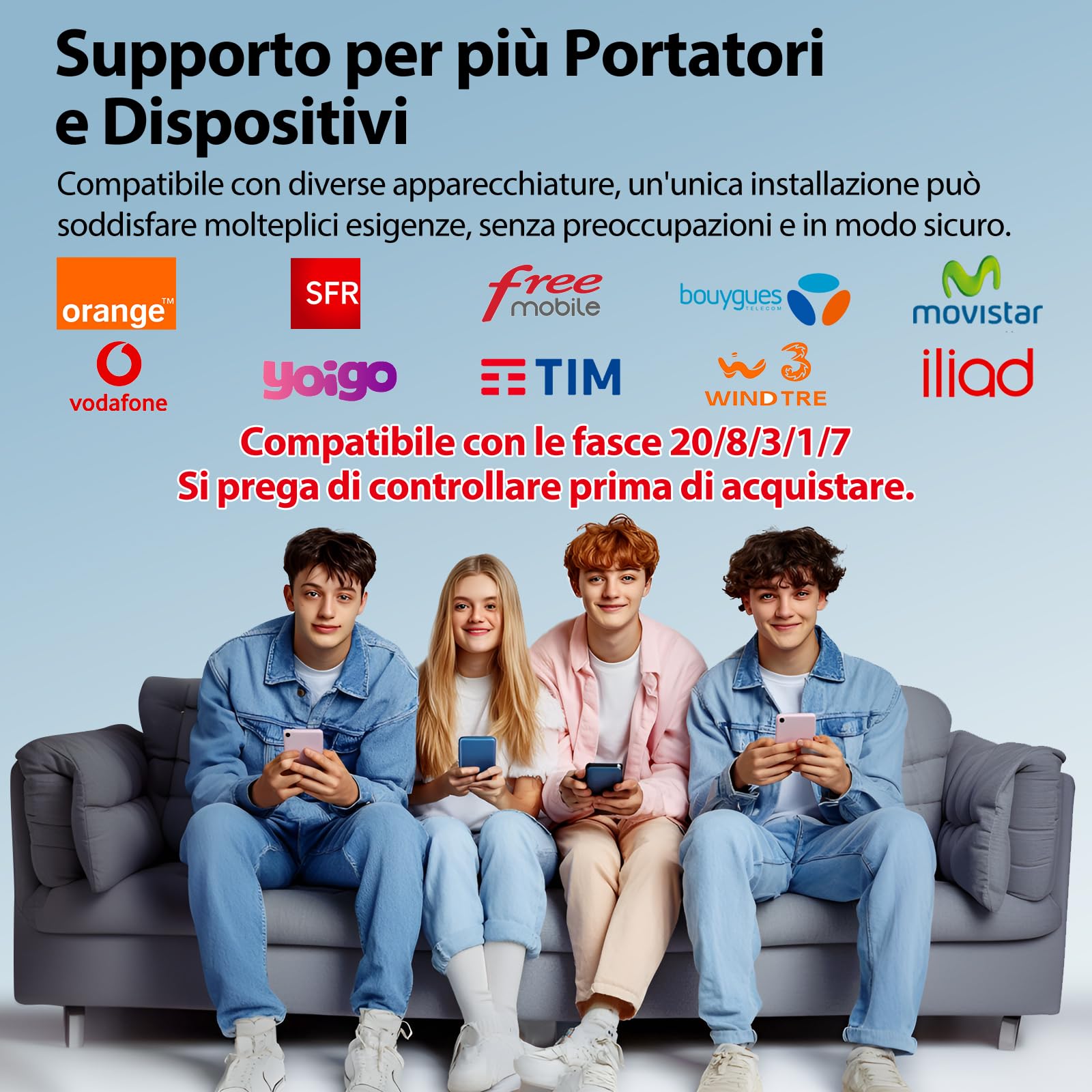 Amplificatore Segnale Cellulare per casa e ufficio, 5G 4G LTE banda 1/3/7/8/20 Ripetitore Segnale Cellulare Amplificatore di ricezione per tutti gli operatori italiano per Wind Tre,TIM,Iliad