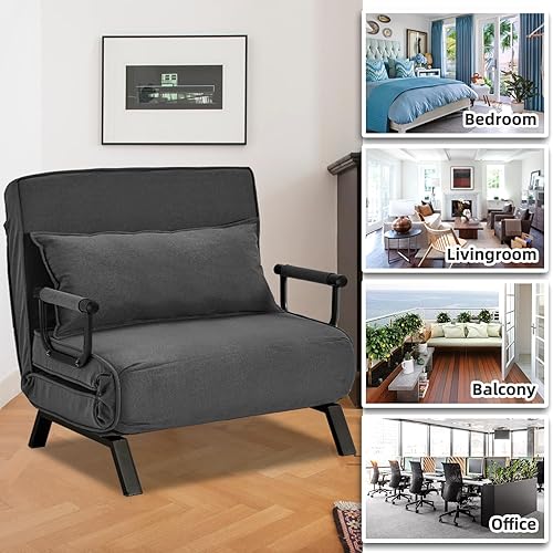 Miniatura 34 de Sillón convertible para cama, sillón tapizado de tres pliegues con almohada, sofá plegable de ocio con respaldo ajustable de 6 ángulos, cama