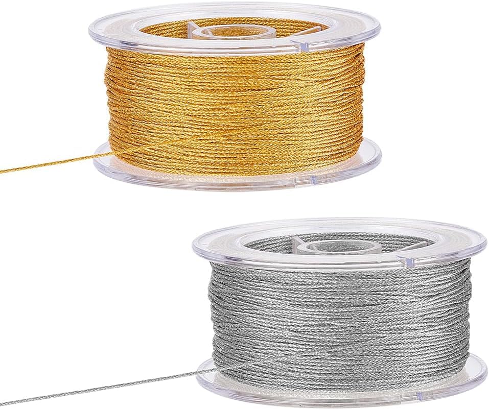 KASTWAVE Metallic Cord, Gold and Silver Nylon Thread String Braided 0.8mm Beading Cords Tinsel Cord for DIY Jewellery Beaded Bracelet Making Gift Wrap Christmas Tree Ornaments Hanging (2pcs,100m)