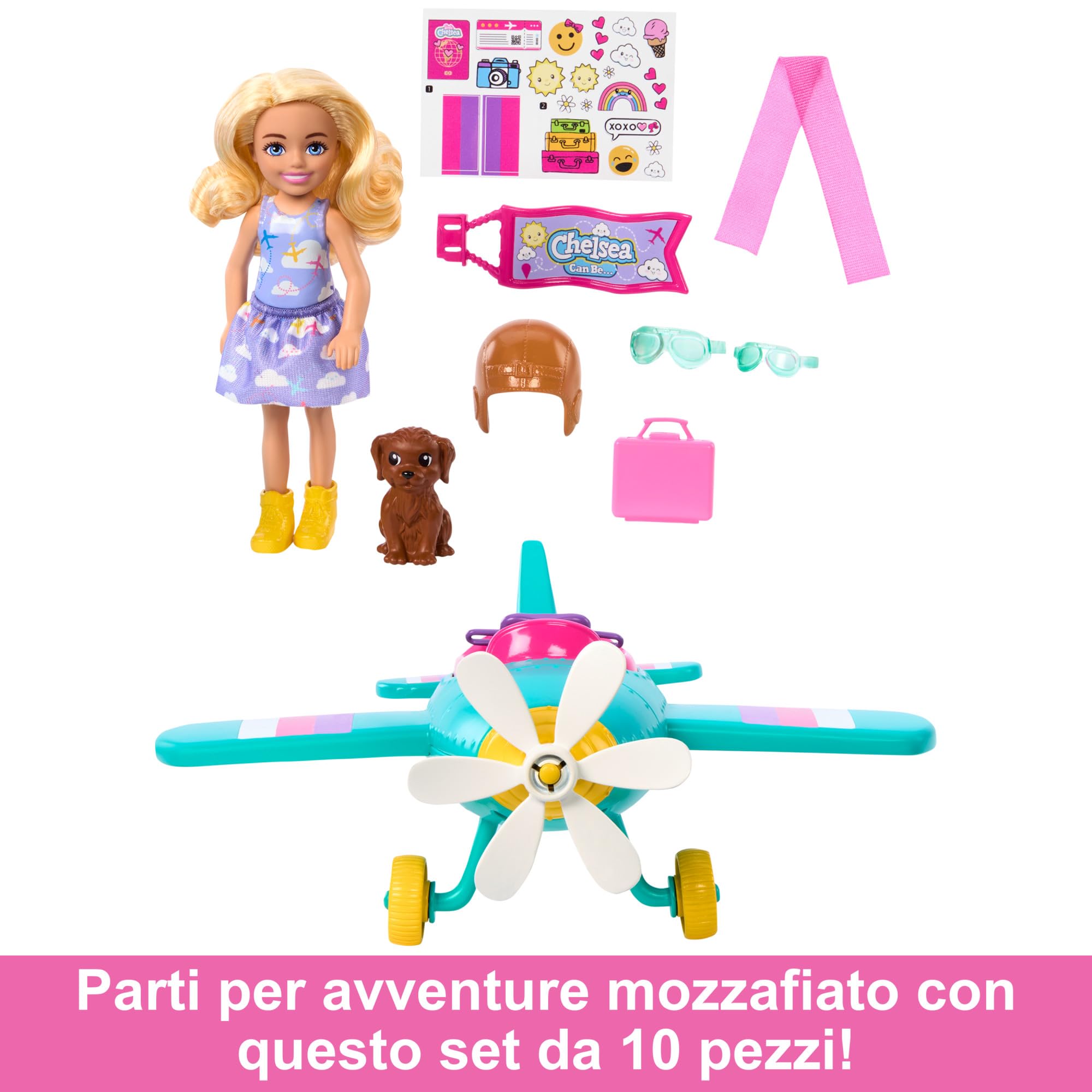 Barbie Carriere - Chelsea Pilota, playset con bambola Chelsea e aereo, veivolo a 2 posti con elica margherita rotante, cucciolo e 7+ accessori inclusi, giocattolo per bambini, 3+ anni, HTK38