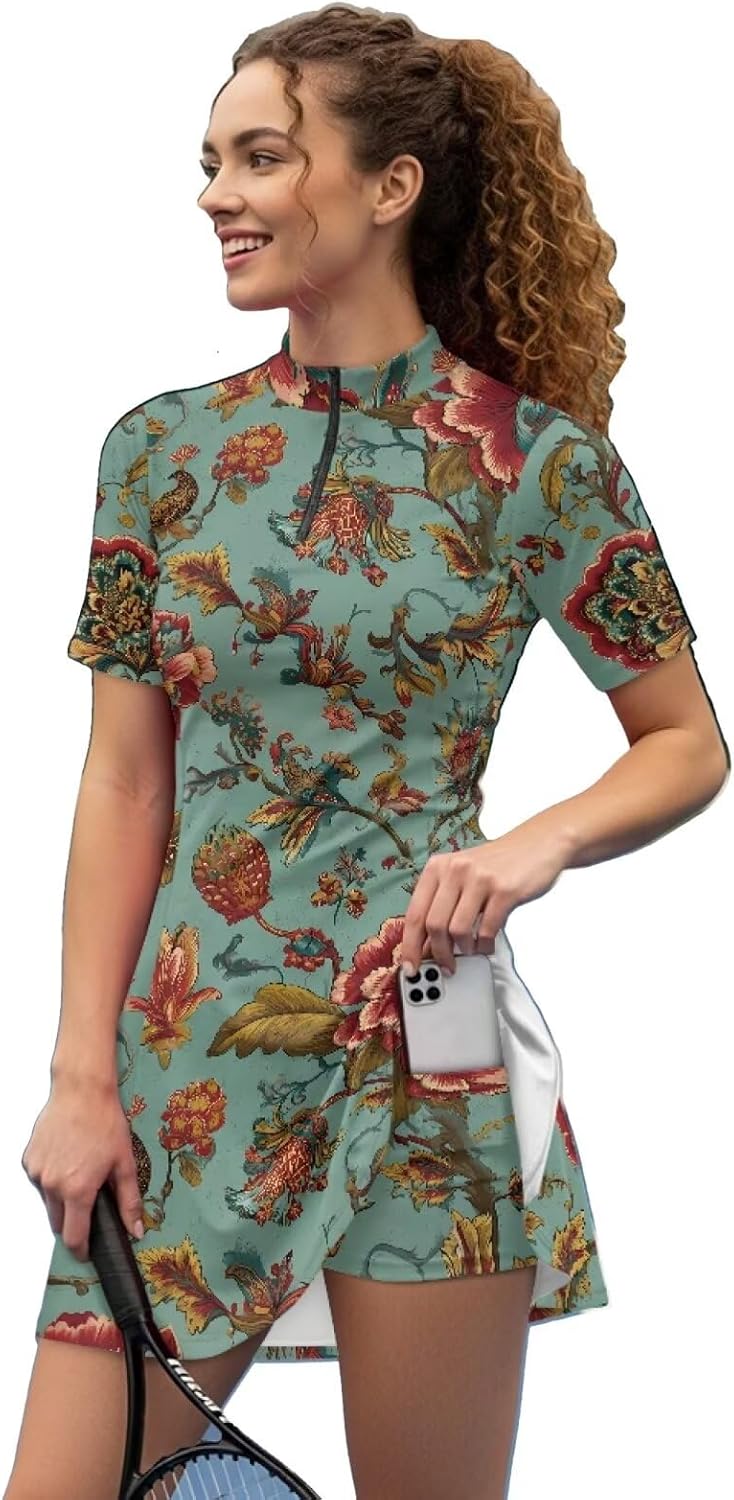 TOADDITDO Womens Stand Collar Tennis Dress with Built in Shorts A Line Workout Athletic Outfit Golf Dresses with Pockets