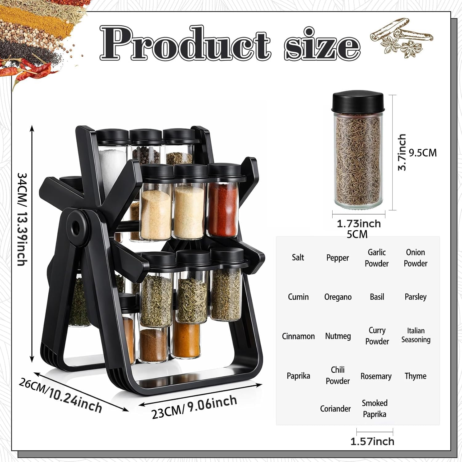 Carrusel de especias giratorio 360° con 21 tarros de especias negros, estante para especias con tarros y organizador de especias para tu cocina, set B (botella de plástico)