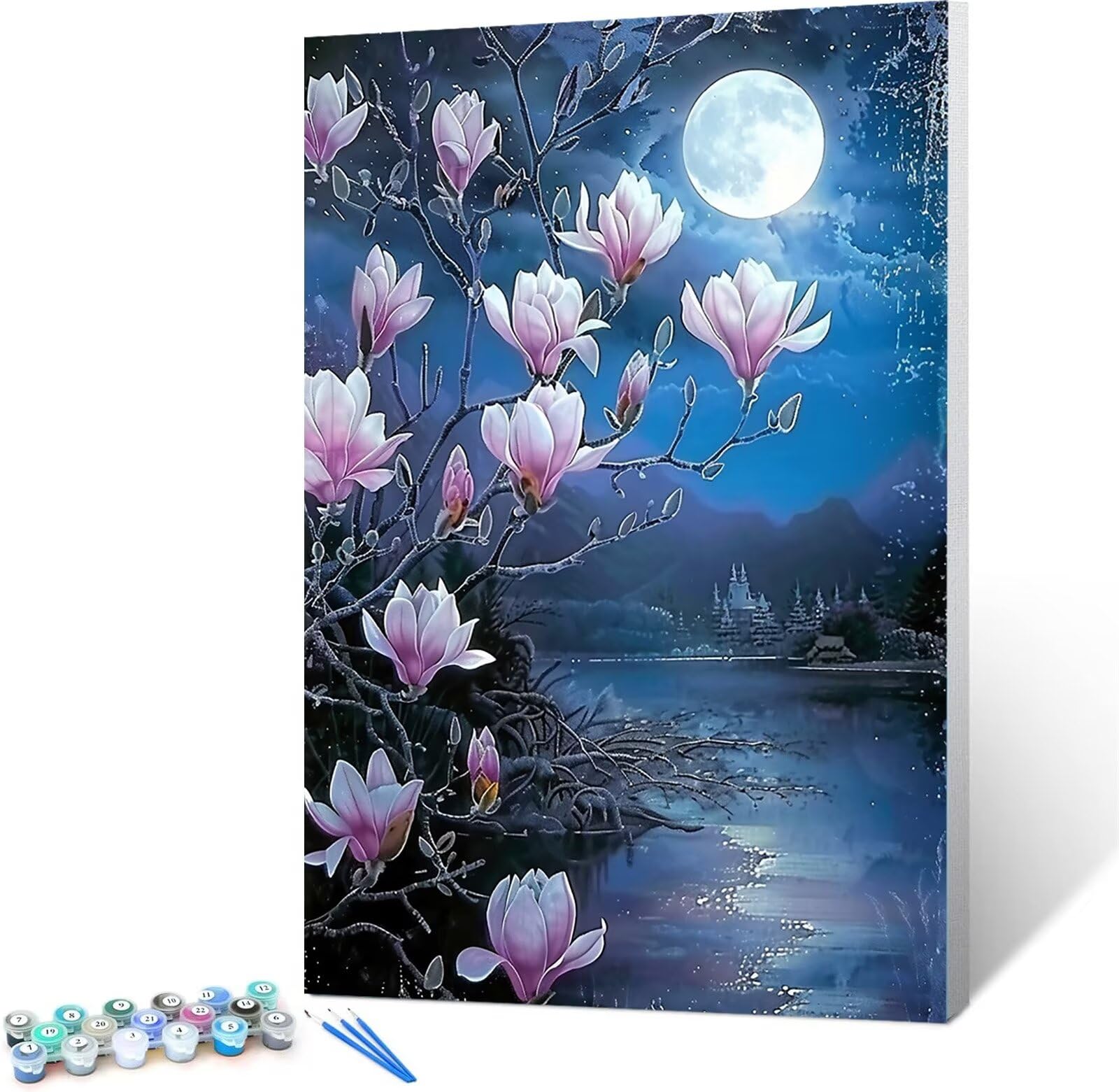 Blume-Malen nach Zahlen für Erwachsene, DIY digitales Ölgemälde-Set auf Leinwand mit Pinseln und Acrylpigment, Magnolie Street Artwork für Heimdekoration 60x80cm (mit Rahmen)