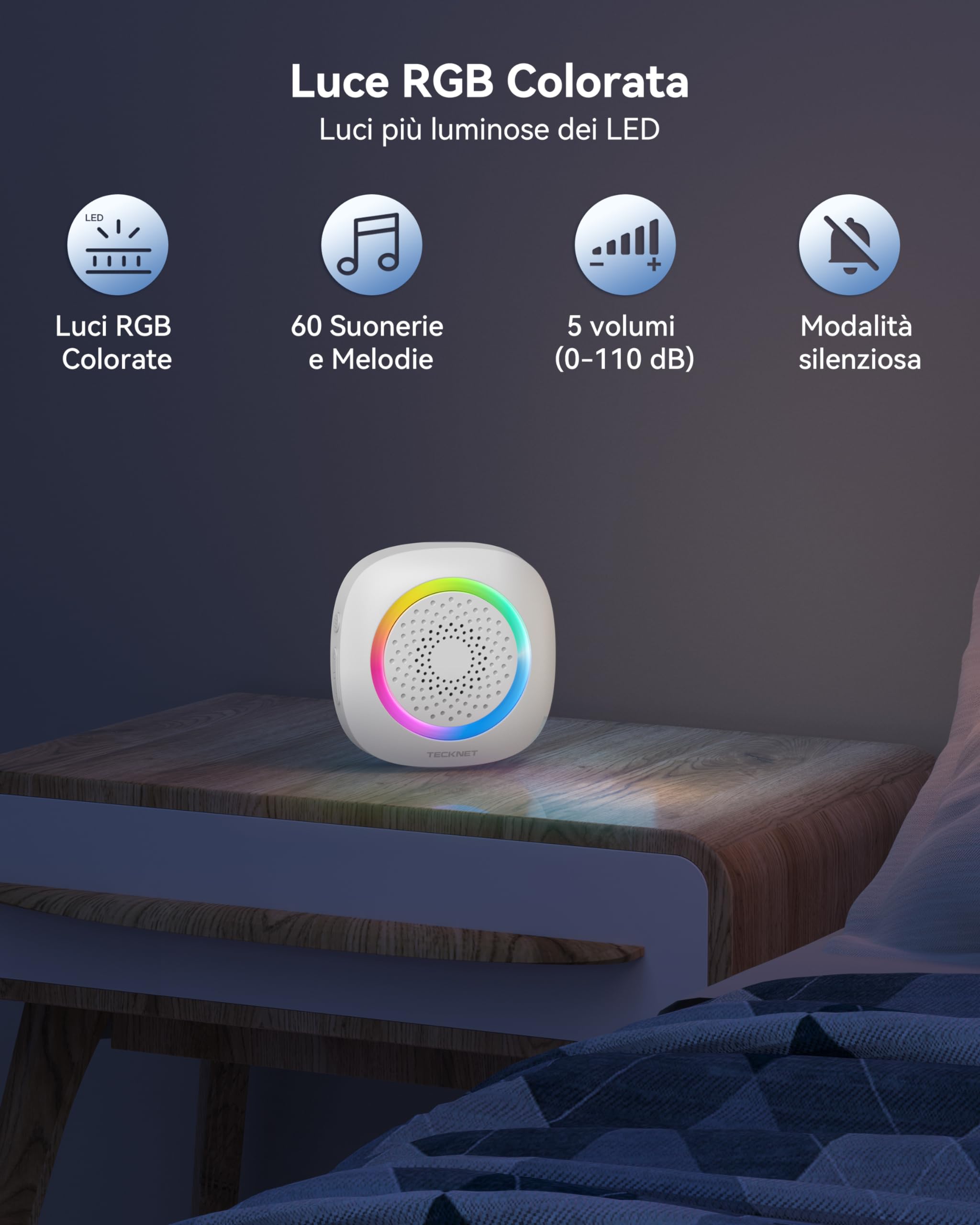 TECKNET Campanello Senza Fili Alimentato a Batteria Impermeabile IP66, Portata 400M, 5 Livelli Volume 60 Melodie, Batteria Rimovibile RGB Campanello Wireless Esterno per Casa, Ufficio, Emergenza ecc