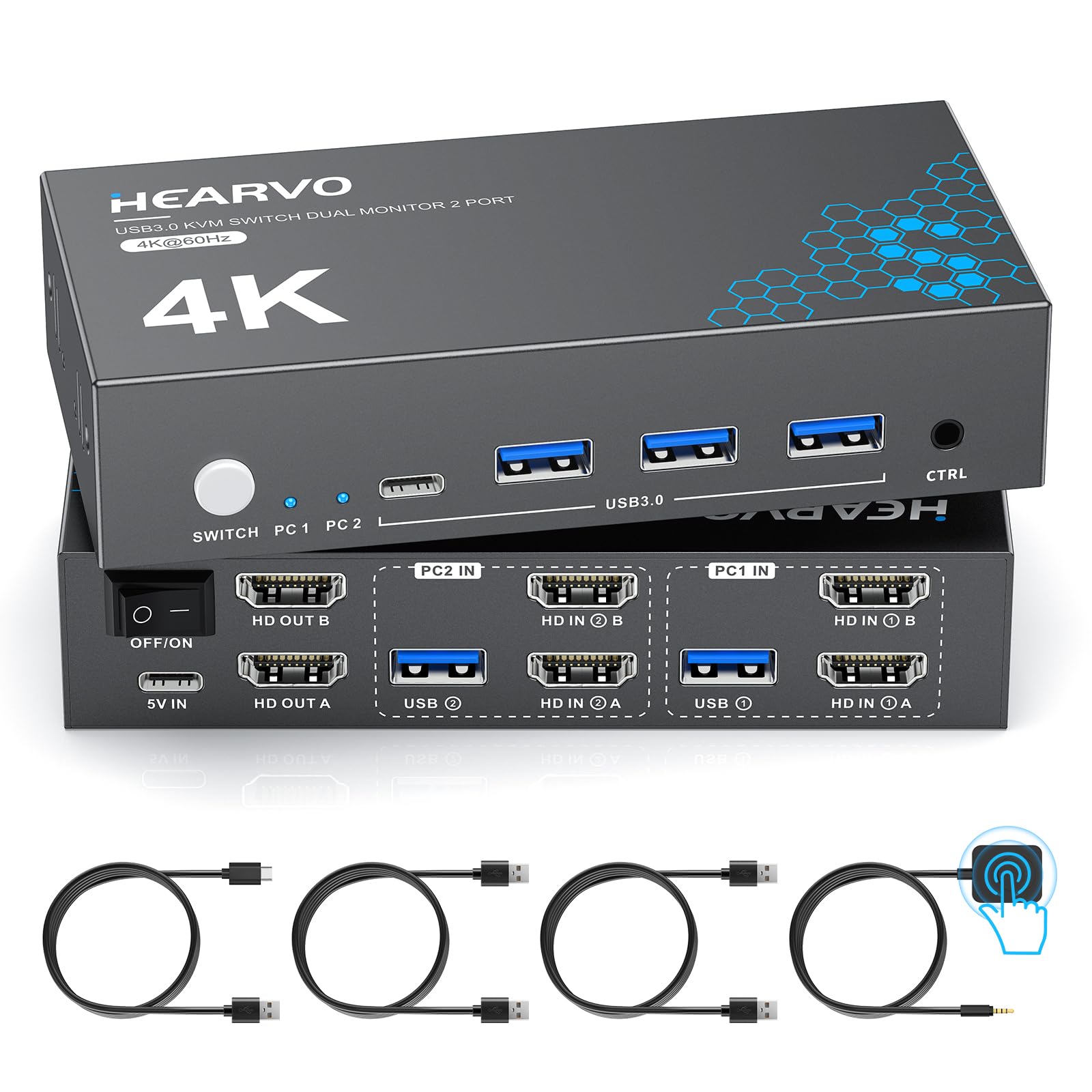 Hearvo HDMI KVM Switch 2 Monitors 2 Computers, USB 3.0,4K@60