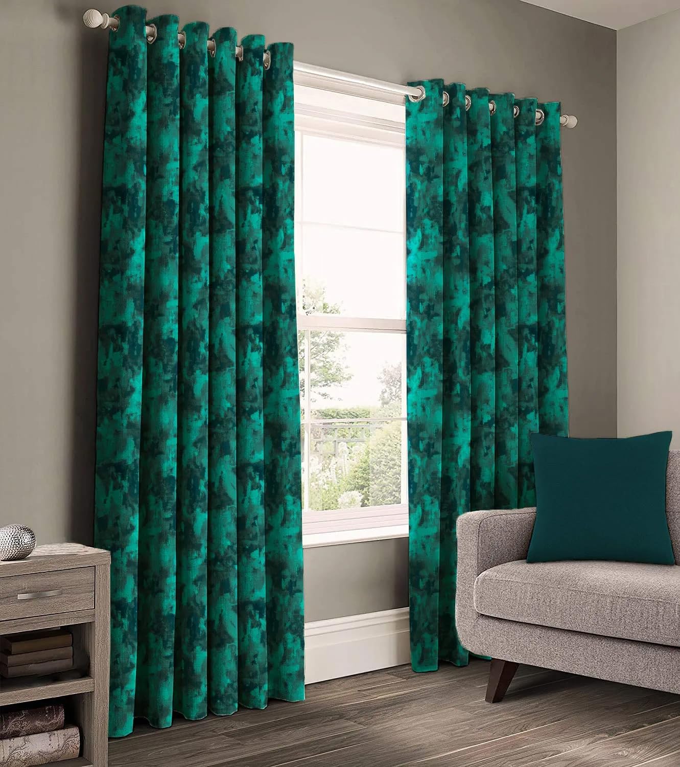 Casableu Eden Polyester Eyelets (Steel) Blackout Curtains with Tie Back, Bedroom Living Room (Pack of 2) (Teal, 7 feet)