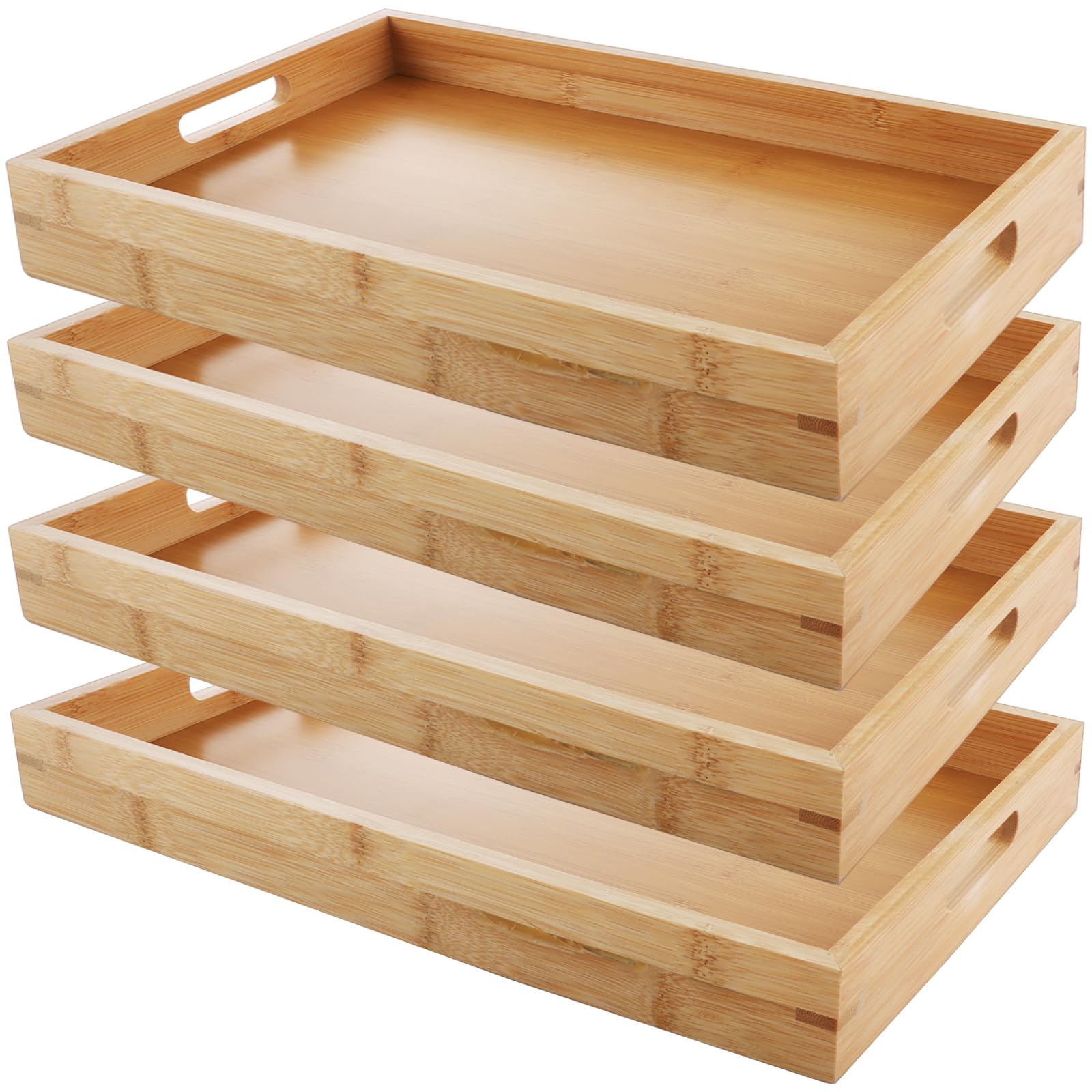 JMIATRY Wooden Tray Set of 4, 15"x10"x1.5" Rectangular Bamboo Trays with Handles, Breakfast Food Tray Nesting Tary for Eating, Serving Trays for Dinner Tea Dessert