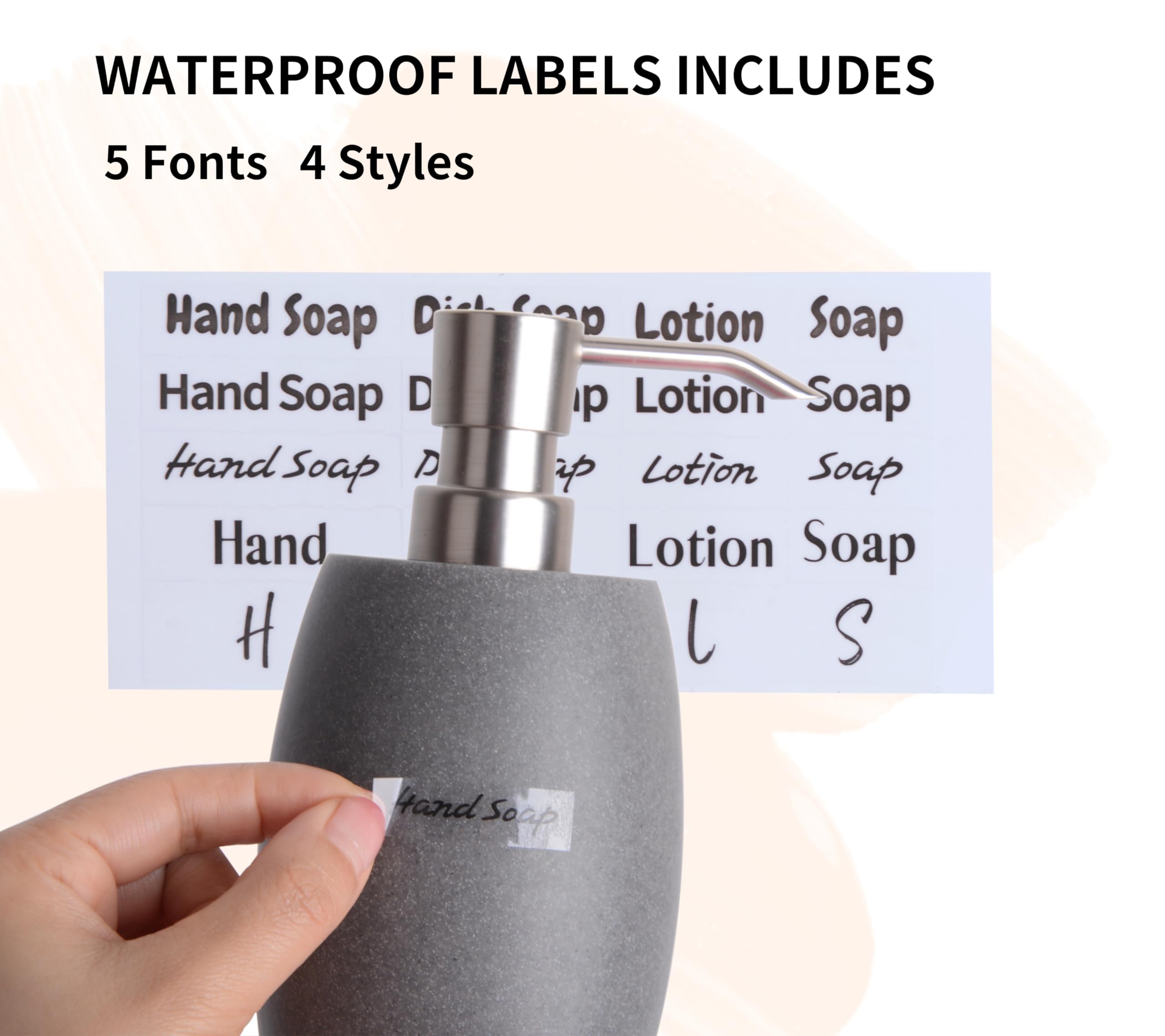 Dispensador de jabón de resina texturizada de piedra arenisca con bomba metálica y etiquetas de botellas impermeables para baño, cocina, lavar a mano, loción de ducha, champú, 12 onzas, 5