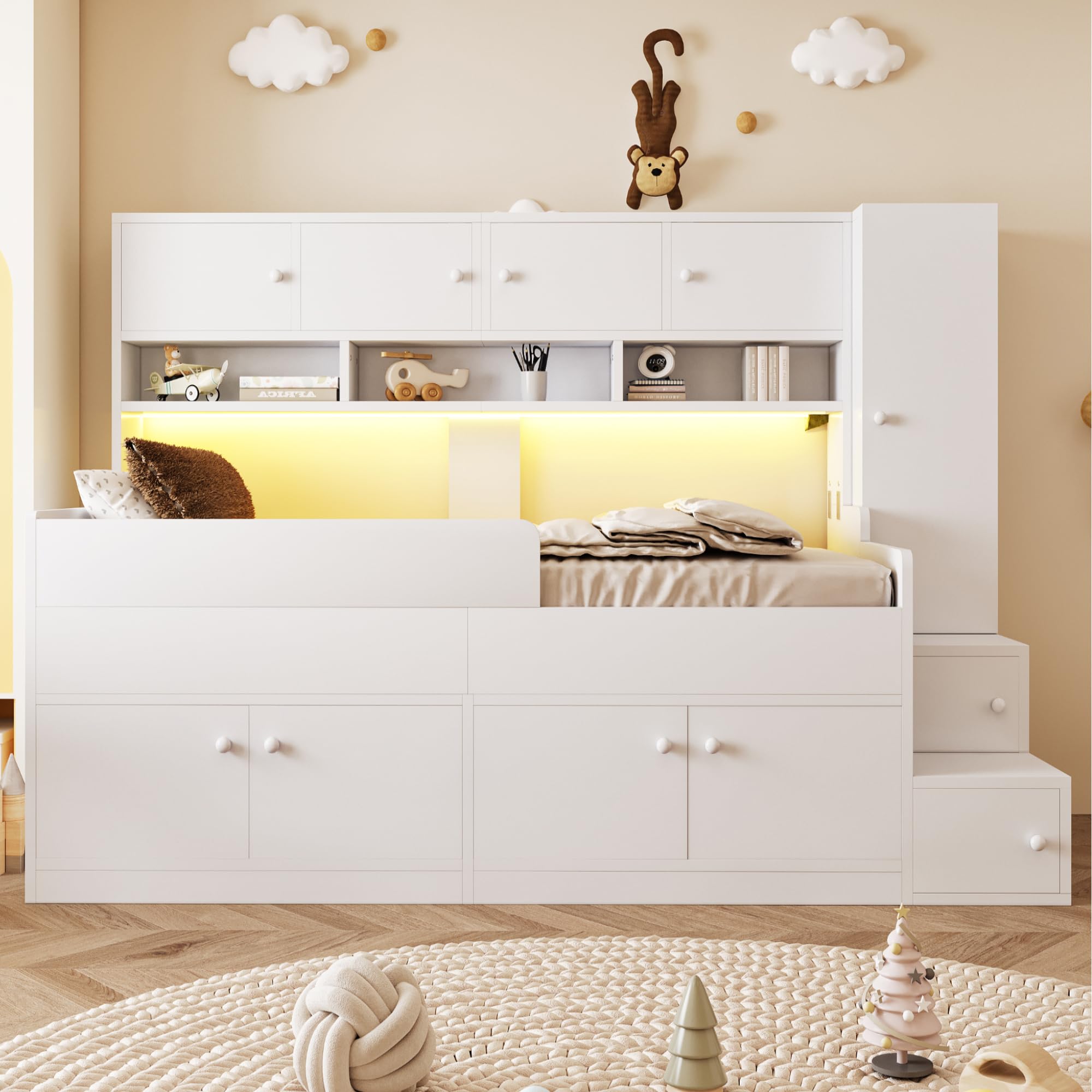 Kebnor Cama infantil de madera de 90 x 200 cm, con espacio de almacenamiento, estantes, armario y escalera de escalada sencilla, con iluminación LED, marco de cuna con barandilla de seguridad (color