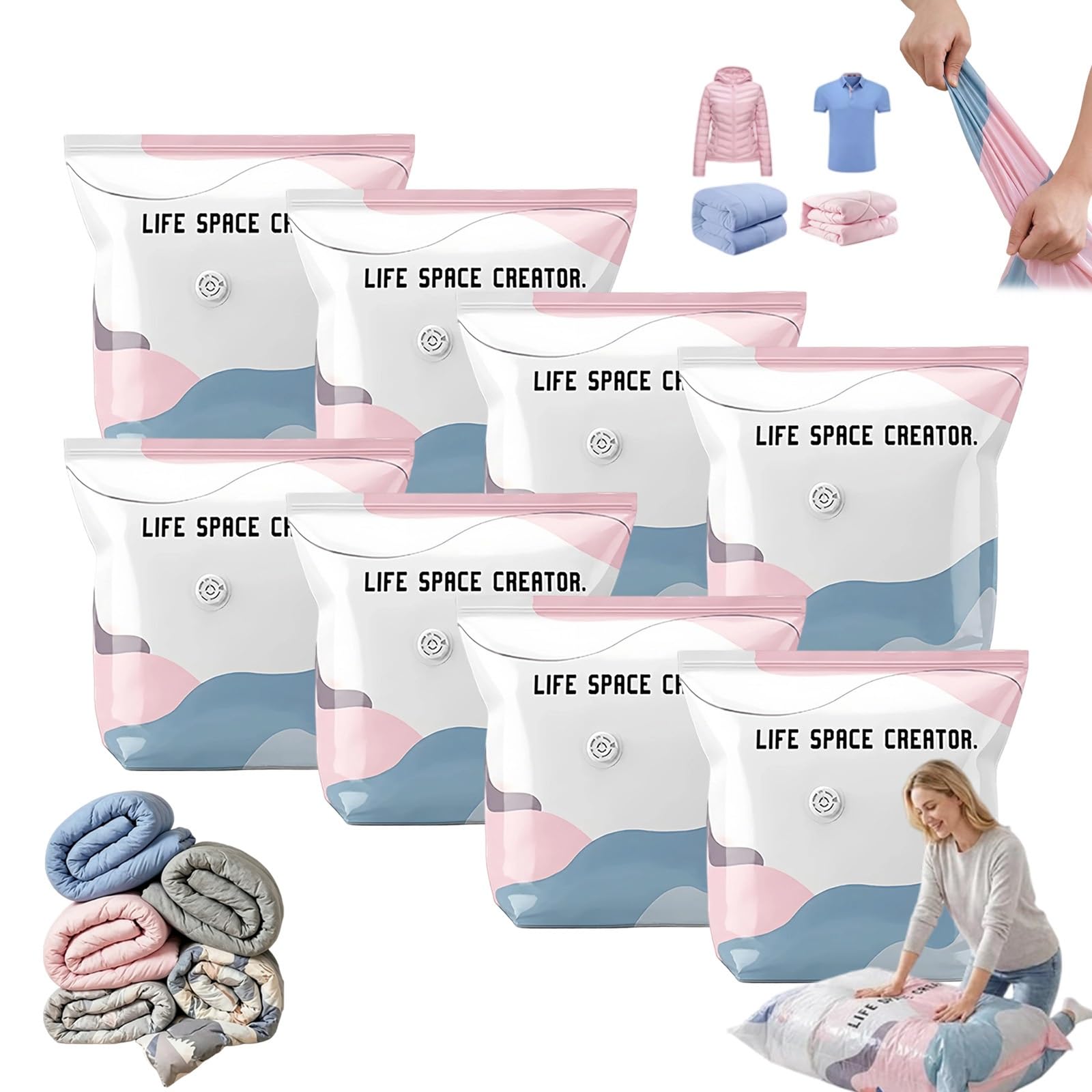 Better Life Space Sacchetti Sottovuoto Senza Pompa, Ipx6, 3 Secondi | Life Space Creator Sacchi Sottovuoto, Sacchetti Salvaspazio Sottovuoto 3D Senza Pompa, Salva Spazio(D,M)