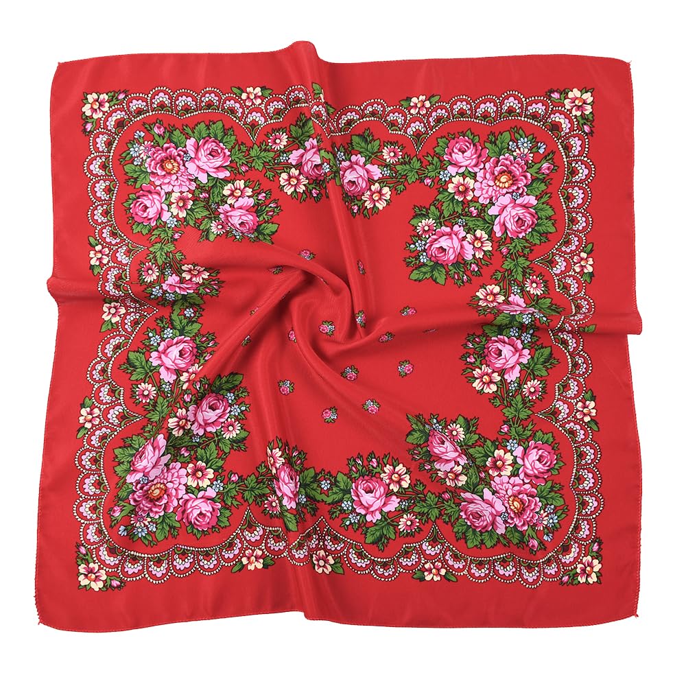 OLEETS Spring And Autumn Bohemian Style Flowers Head Scarf Shawl,70x70cm(Red) Russian And Ukrainian Style Square Shawls Scarves