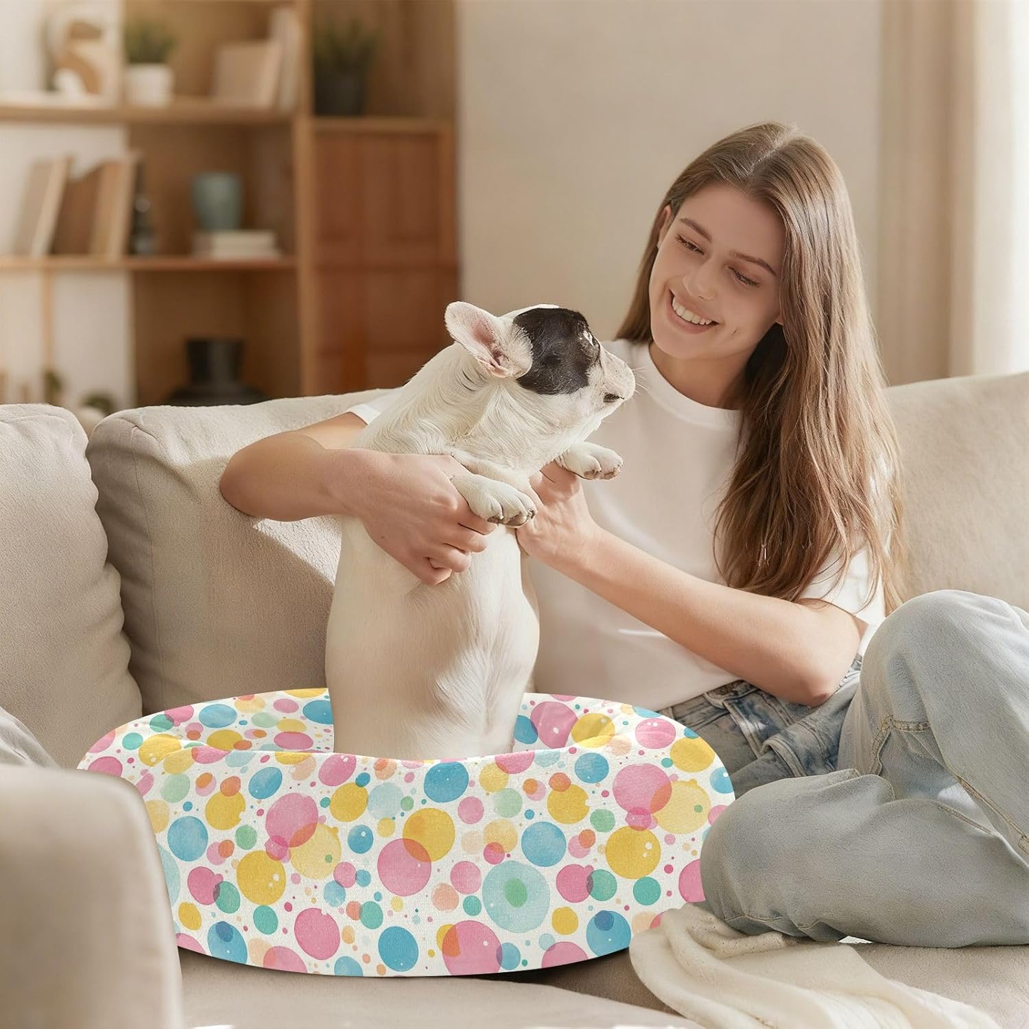 Pet Dog Beds Anti-Slip Fluffy Cat Pillow Bed for Small Size Pets Supplies M Cartoon Colorful Dots Circle