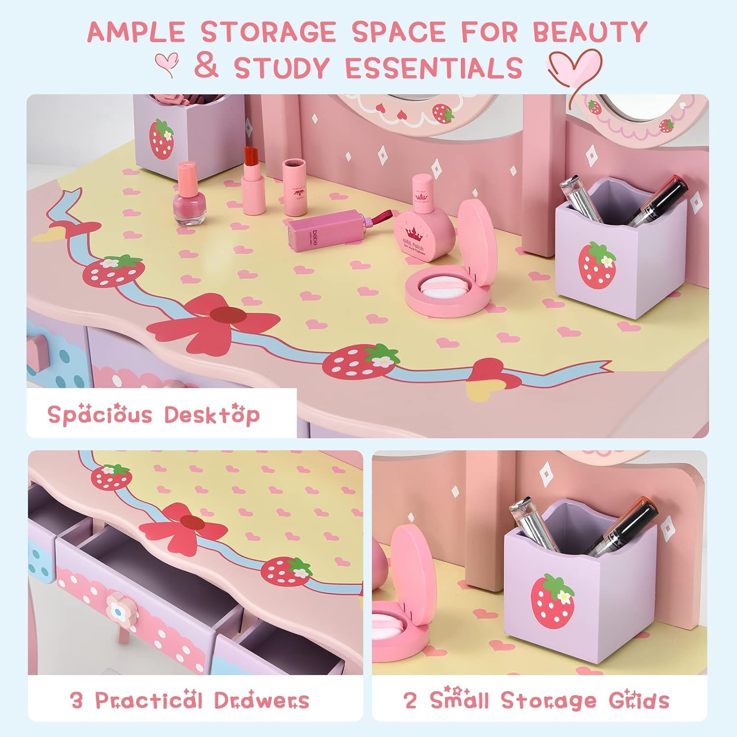 MAT EXPERT Kids Vanity, Strawberry Princess Toddler Vanity, Makeup Dressing Table w/Tri-Folding Oval Mirror, 3 Drawers, Accessories & Detachable Top, Girls Vanity with Mirror and Stool