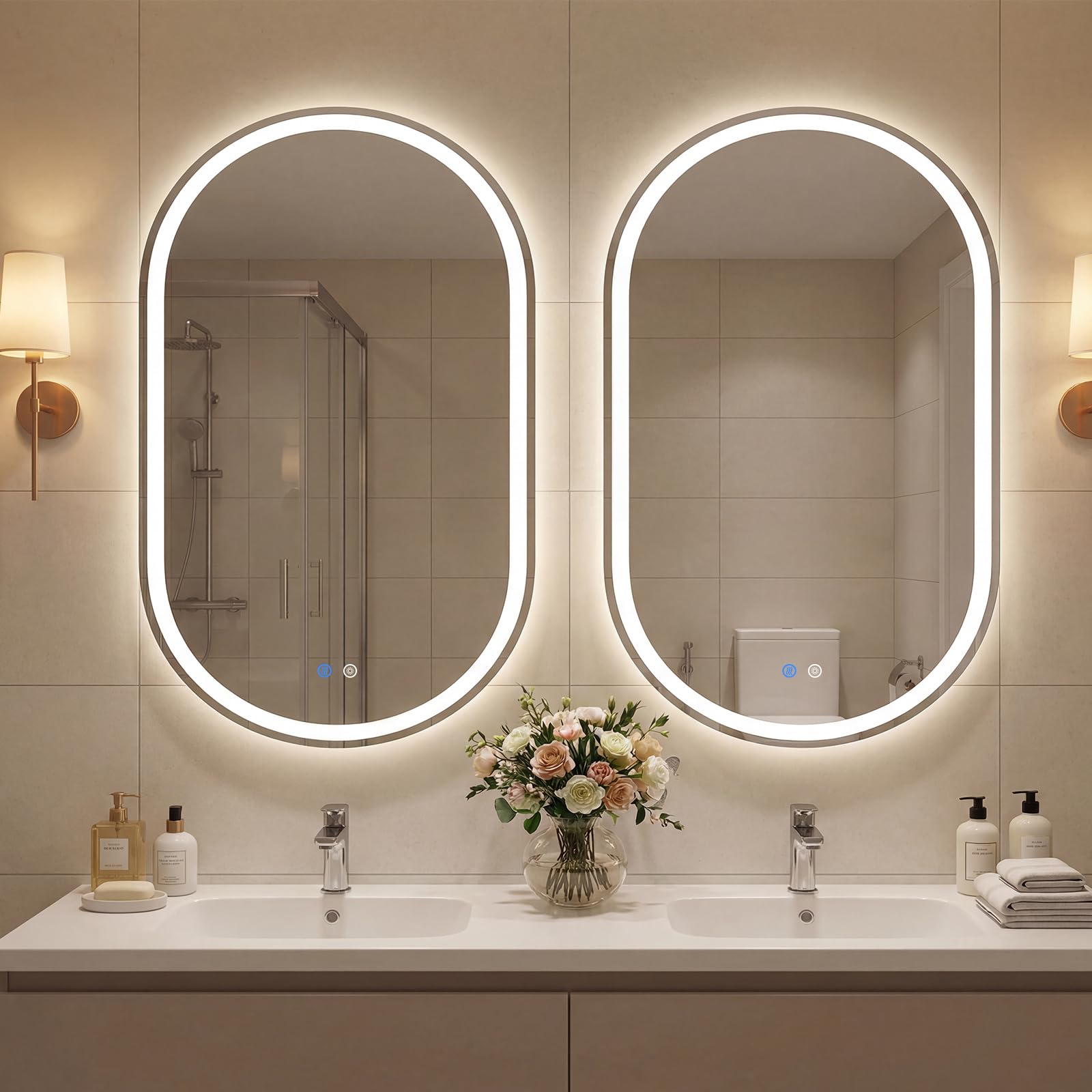 COSTWAY Espejo de Baño Iluminado con LED, Espejo Ovalado sin Marco Resistente a Roturas, Temperatura de Color Regulable en 3 Modos, con Interruptor Táctil, Función Antivaho (80 x 50 cm)