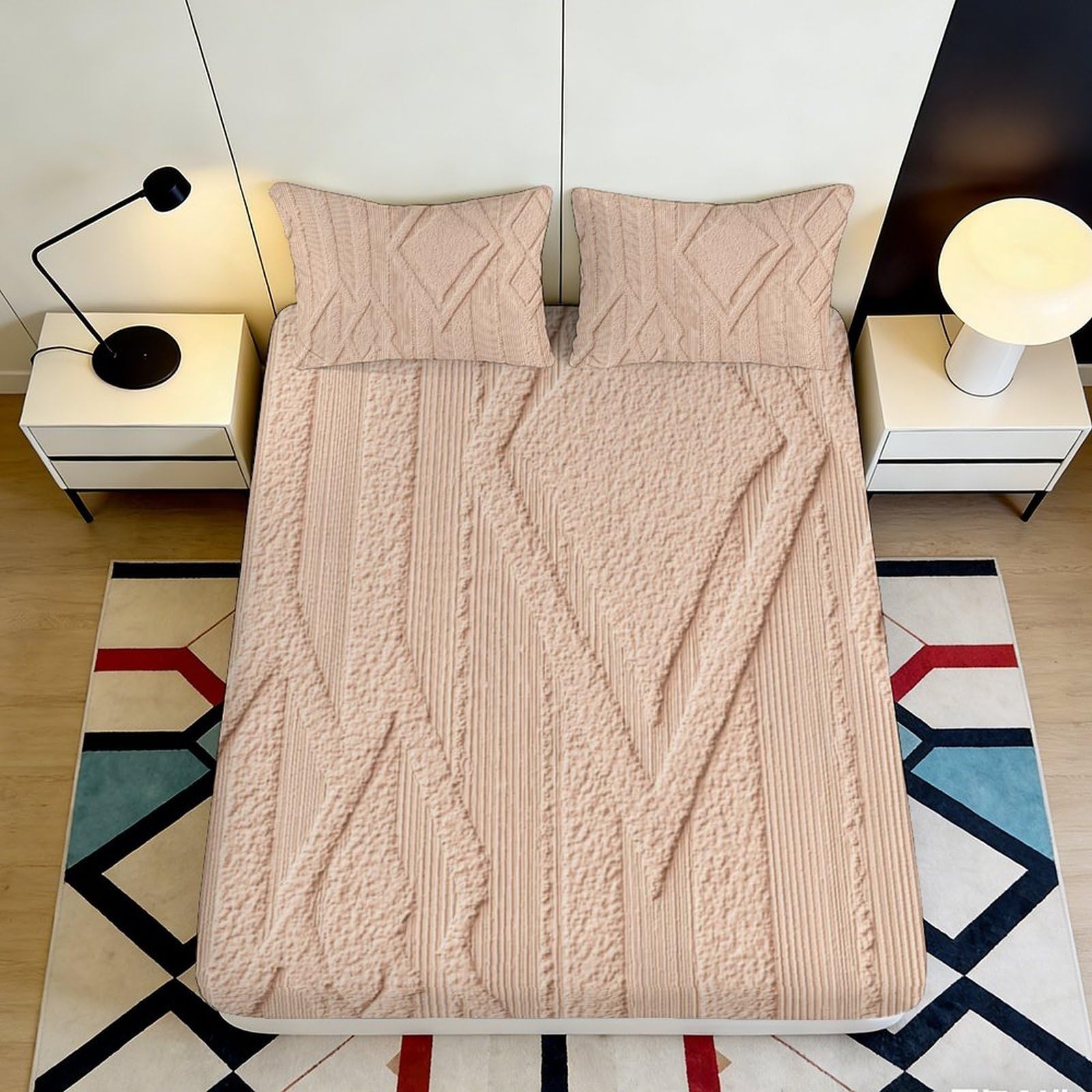3D Printed Beige Geometric Pattern Fitted Sheet Microfiber Soft Bed Cover Anti-slip Washable Minimalist Art Mattress Protector for Bedroom Guestroom 90x200x25cm