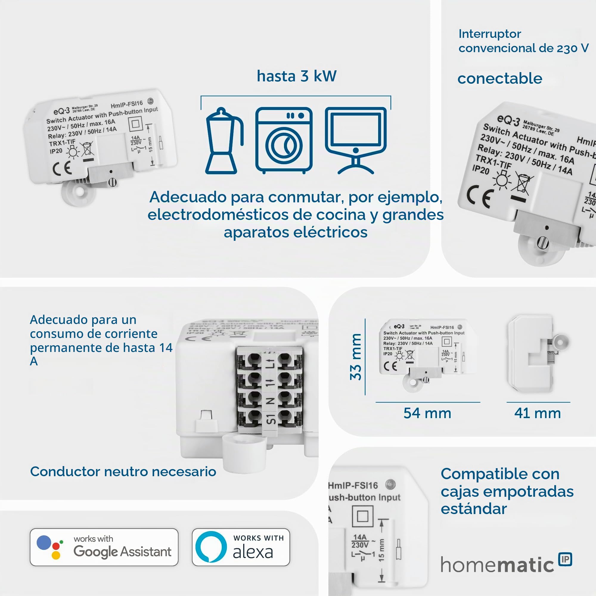 Homematic IP Smart Home Schaltaktor mit Tastereingang (16 A) – Unterputz, steuert Geräte und Leuchten per App, Alexa & Google Assistant, Energie sparen, 154346A0