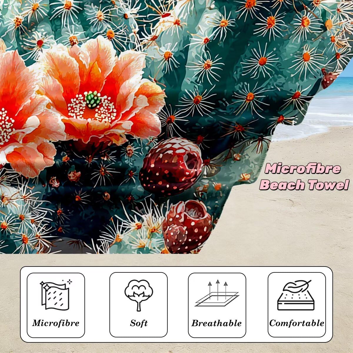 Toalla Playa 100x200 cm, Toalla Gimnasio Microfibra Secado Rapido, Juego de 2 Antiarena Toallas de Playa, Ligera Compacta Toallas Microfibra Grande para Viaje, Regalo Hombre Mujer (Cactus) -5091
