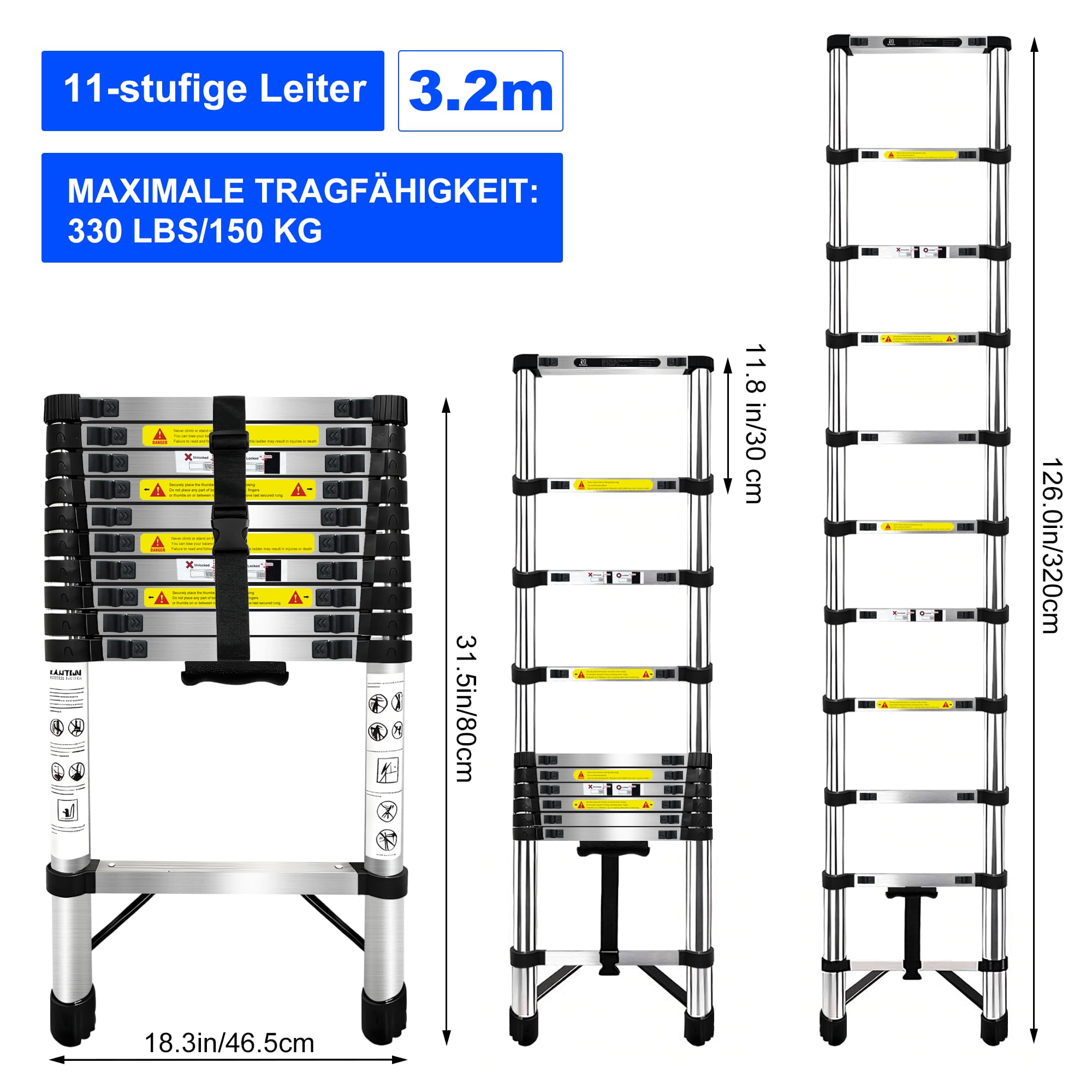 3.2m Scala telescopica in Acciaio Inossidabile,Scala Telescopica Pieghevole con Barra Stabilizzatrice Scala Retrattile Adatto per Campeggio Camper Migliorie domestiche Carico 150 KG