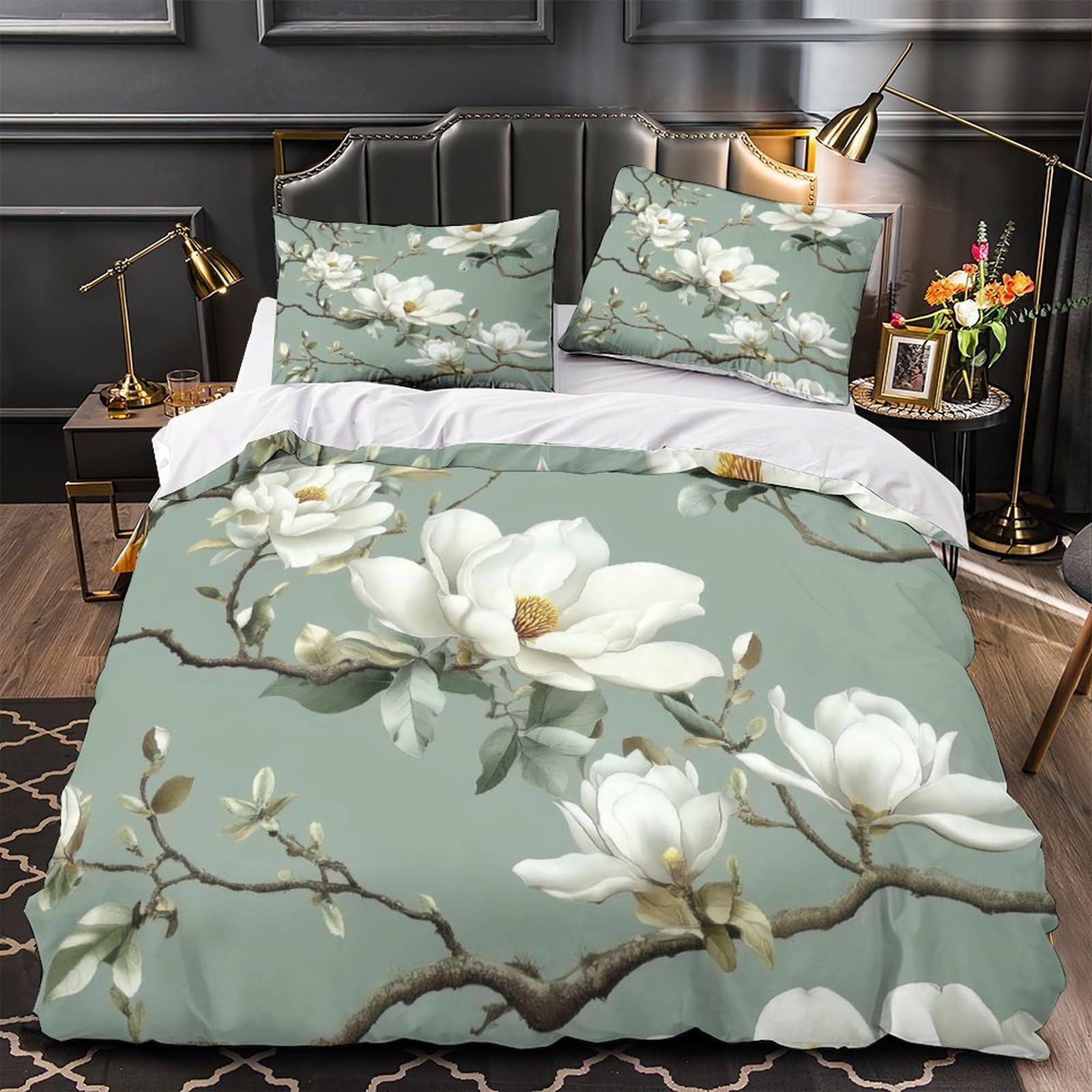 Weiße Magnolia Blüten 3-teiliges Reines Polyester Botanischer Garten Stil Bettbezugset, Versteckter Reißverschluss, Krippenbettwäsche, Babysicher & Gifffrei King（220x240cm）