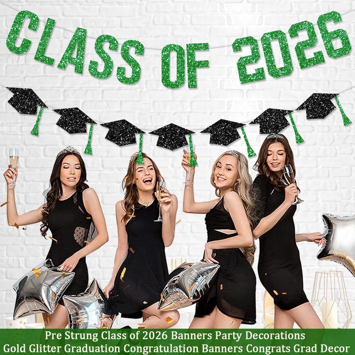 Pre Strung Graduation Decorations Class of 2026 Banner Green Glitter College Banners Party Congrats Grad with Tassel Decor High Favors NO DIY for Supplies School Home Car Decorations