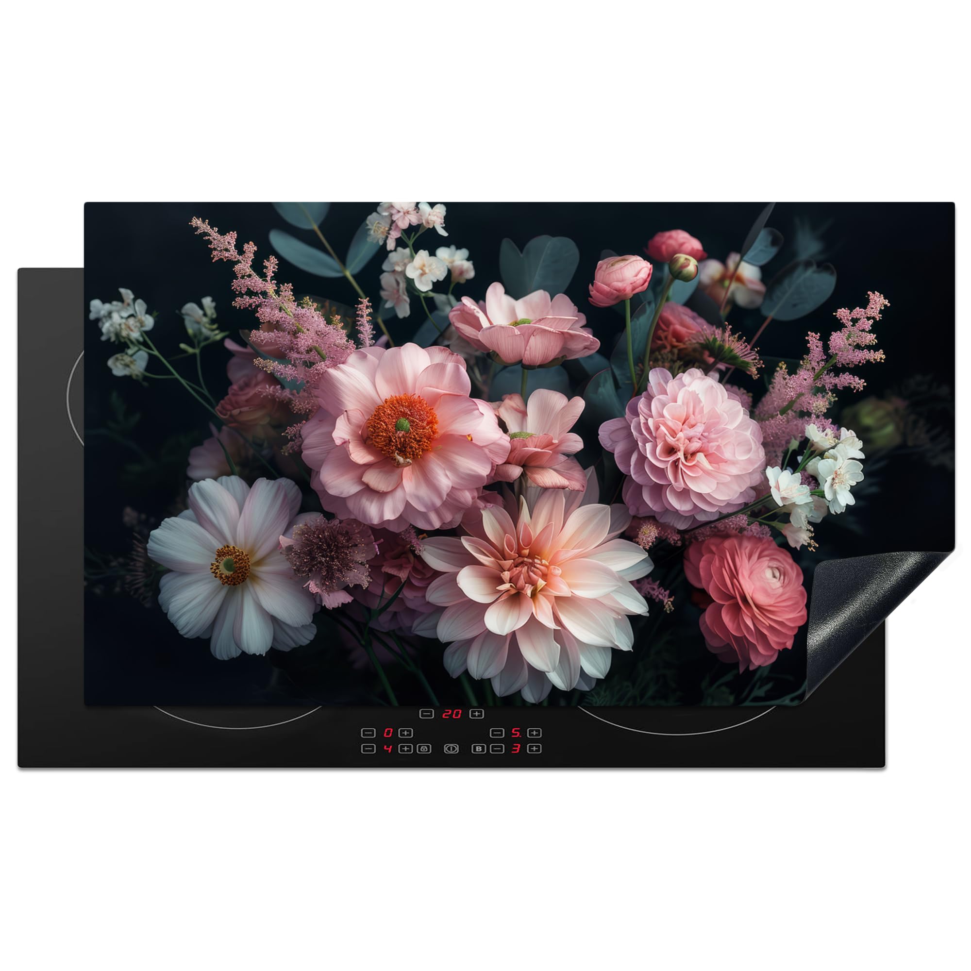 KitchenYeah© Induction Hob Cover Protector Mat 20.8"x36" / 91.6x52.7 cm Kitchen Universal Ceramic Covers for Electric Cookers Vinyl Flowers - Colourful - Pink - Plants