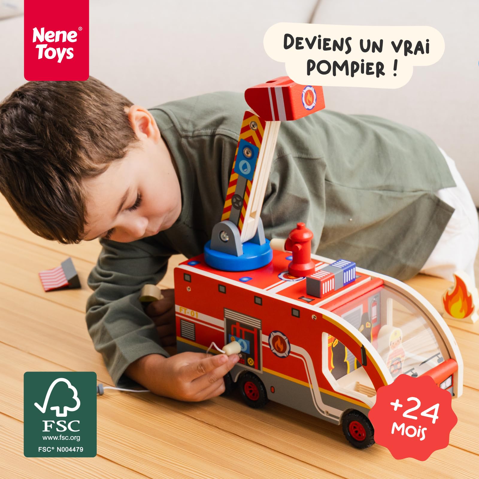 Nene Toys Camion de Pompiers en Bois – Jouet Éducatif Magnétique pour Enfants dès 2 Ans – Échelle Rotative 360°, Tuyaux Magnétiques, Hydrant, Pompiers & Dalmatien – Jouet Montessori FSC Cadeau
