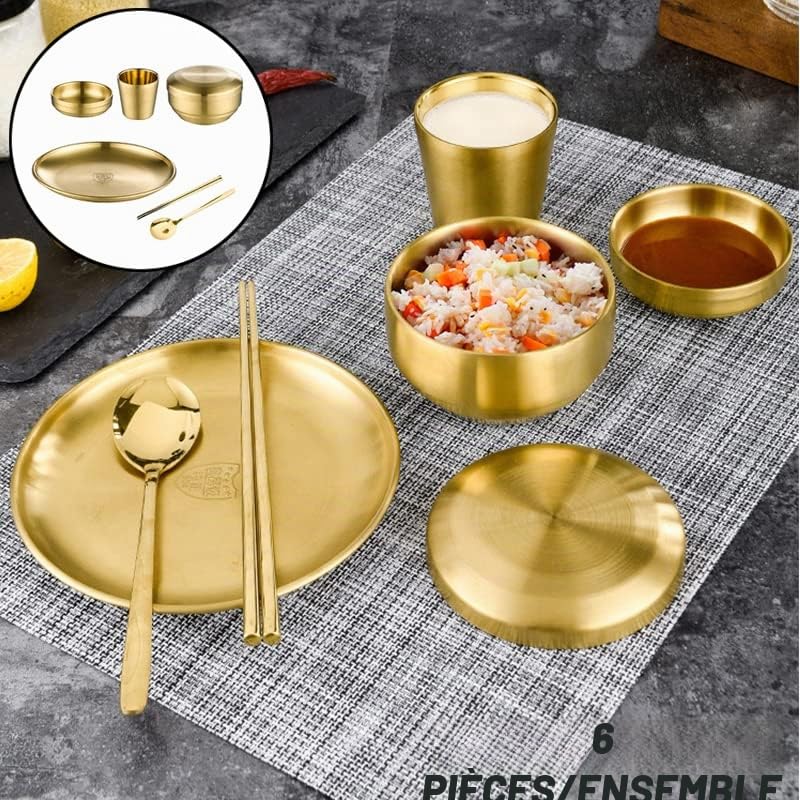 HUFFA 6 pièces en Acier Inoxydable coréen Vaisselle Ensemble Barbecue Restaurant Tasse cuillère Baguettes Assiette à dîner (Color : Gold)