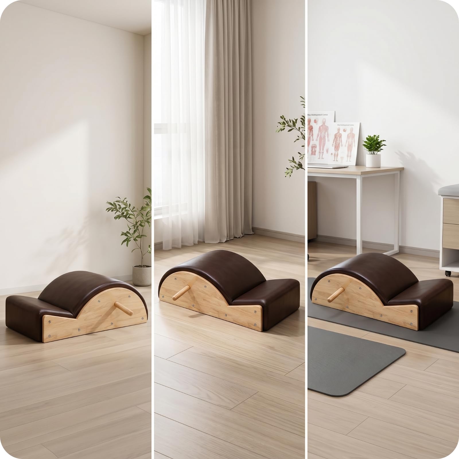 Correttore Posturale Attrezzo Schiena Allineamento Allungamento in Legno Rovere Base Stabile Rivestimento Microfibra Sezione Imbottita a Gradini Arco