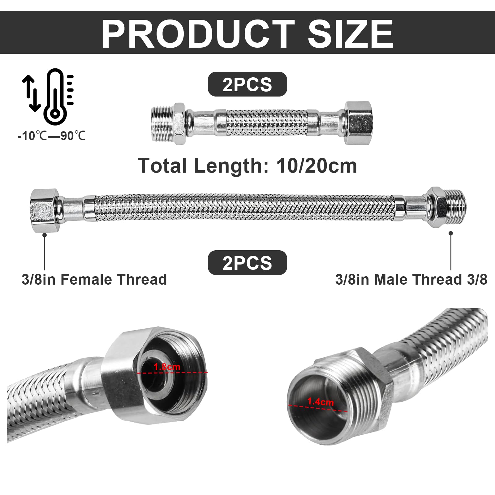 4 Stück Flexschlauch 3/8 Zoll – 304 Edelstahl Panzerschlauch, 20 Cm & 10 Cm, Überwurf & Außengewinde, Für Wasserhahn & Spülkasten