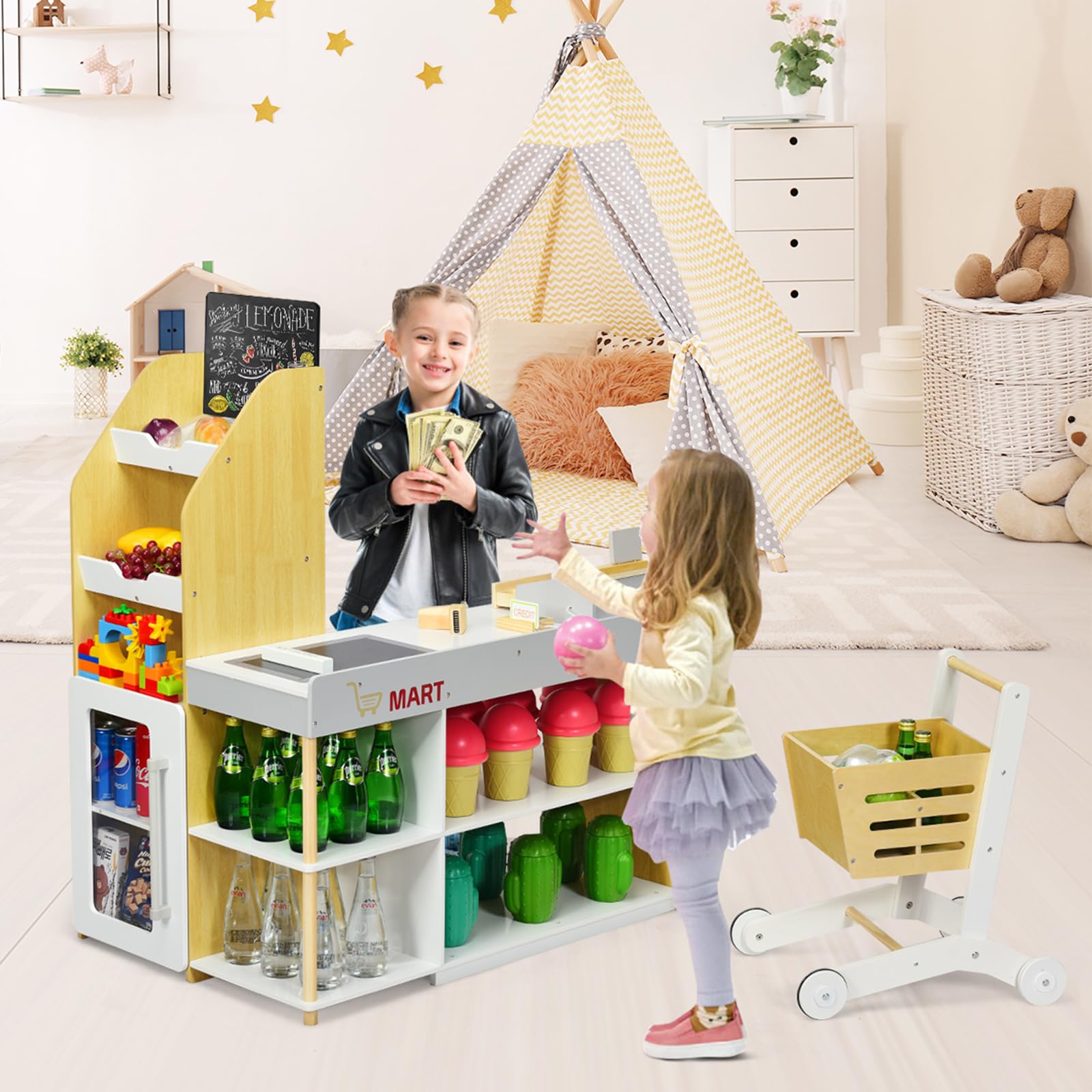 COSTWAY Gioco Negozio Bancarella per Bambini, Market Mercato in Legno, con Carrello della Spesa e Cassa, Bianco e Legno