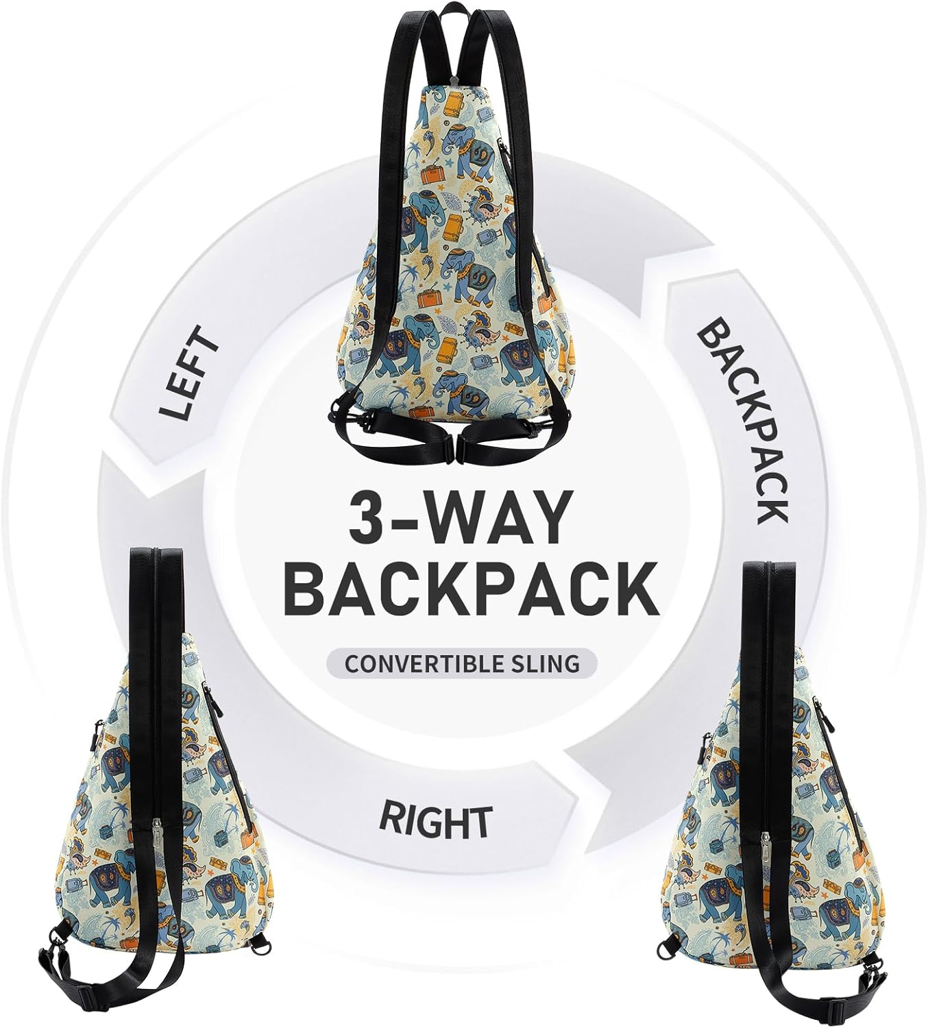 Convertible Sling Bag for Women - Water-Resistant Chest Bag & Casual Daypack, Lightweight Crossbody Backpack for Travel, Hiking, Cycling, Colorful Elephant - Image 4