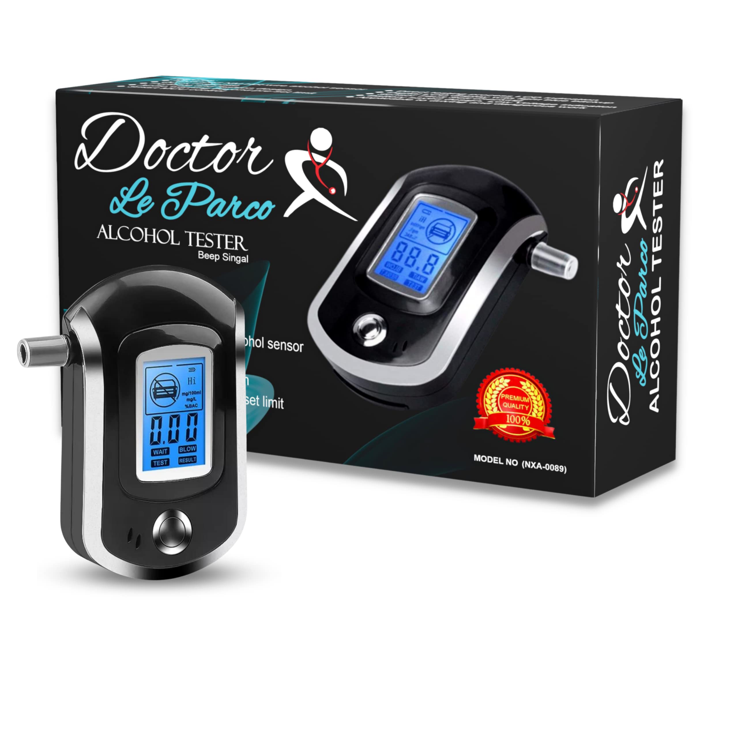 Docter Le Parco Digital Alcohol Tester Breath Analyzer with 5 Mouthpieces | Alcohol Detector Breathalyzer | Smart MCU Control | Professional BAC Tester with LCD Digital Display | AT6000