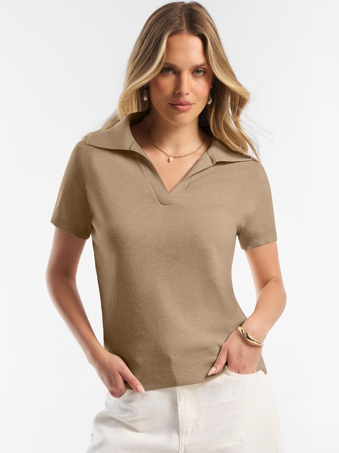 ANRABESS Women Short Sleeve Sweater Wool Blend Polo V Neck Shirts Summer Dressy Top Business Casual Spring Vacation Clothes - Image 2